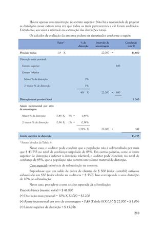 210
Houve apenas uma incorreção no estrato superior. Não há a necessidade de projetar
as distorções nesse estrato uma vez que todos os itens pertencentes a ele foram auditados.
Entretanto, seu valor é utilizado na estimação das distorções totais.
Os cálculos de avaliação da amostra podem ser sintetizados conforme a seguir:
Fator* % de
distorção
Intervalo de
amostragem
Conclusão
(em $)
Precisão básica 1,9 X 22.000 = 41.800
Distorção mais provável:
Estrato superior 683
Estrato Inferior
Maior % de distorção 3%
2ª maior % de distorção 1%
4% X 22.000 = 880
Distorção mais provável total 1.563
Ajuste incremental por erro
de amostragem
Maior % de distorção 0,48 X 3% = 1,44%
2ª maior % de distorção 0,34 X 1% = 0,34%
1,78% X 22.000 = 392
Limite superior de distorção 43.755
* Fatores obtidos da Tabela 8
Nesse caso, o auditor pode concluir que a população não é sobreavaliada por mais
que $ 43.755 no nível de confiança estipulado de 85%. Em outras palavras, como o limite
superior de distorção é inferior à distorção tolerável, o auditor pode concluir, no nível de
confiança de 85%, que a população não contém um volume material de distorção.
Caso especial: existência de subavaliação na amostra.
Suponha-se que um saldo de conta de clientes de $ 500 (valor contábil) estivesse
subavaliado em $50 (valor obtido na auditoria = $ 550). Isso corresponde a uma distorção
de 10% de subavaliação.
Nesse caso, procede-se a uma análise separada da subavaliação:
Precisão básica (mesmo valor) = $ 41.800
(+) Distorção mais provável = 10% X 22.000 = $2.200
(+) Ajuste incremental por erro de amostragem = 0,48 (Tabela 8) X 0,10 X 22.000 = $ 1.056
(=) Limite superior de distorção = $ 45.056
 