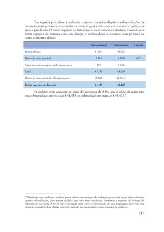 211
Em seguida procede-se à avaliação conjunta das subavaliações e sobreavaliações. A
distorção mais provável para o saldo da conta é igual a diferença entre as incorreções para
cima e para baixo. O limite superior de distorção em cada direção é calculado tomando-se o
limite superior de distorção em uma direção e subtraindo-se a distorção mais provável na
outra, conforme abaixo:
Sobreavaliação Subavaliação Líquida
Precisão básica 41.800 41.800
Distorção mais provável 1.563 2.200 (637)
Ajuste incremental por erro de amostragem 392 1.056
Total 43.755 45.056
Distorção mais provável – direção oposta (2.200) (1.563)
Limite superior de distorção 41.555 43.493
O auditor pode concluir, no nível de confiança de 85%, que o saldo da conta não
está sobreavaliado em mais de $ 41.555 ou subavaliado em mais de $ 43.49338
.
38
Ressalta-se que, embora o auditor possa utilizar este enfoque de avaliação quando há tanto sobreavaliações
quanto subavaliações, deve tomar cuidado para não tirar conclusões definitivas a respeito do volume de
subavaliação na conta. A MUS não é montada para testar a subavaliação de uma população. Havendo esta
intenção, o auditor deve utilizar um outro método de amostragem, como a clássica de variáveis.
 