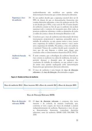 22
inadvertidamente não modificar sua opinião sobre
demonstrações financeiras que contêm distorções relevantes.
79. Se um auditor decidir que a segurança razoável deve ser de
99% de chance de que as demonstrações financeiras não
contêm distorções relevantes, o risco de auditoria será de 1%;
se ele decidir que é 95%, o risco será de 5%. O maior desafio
da auditoria consiste no fato de que os auditores não podem
examinar todo o universo de transações para obter todas as
possíveis evidências referentes a todas as afirmações de todos
os saldos de contas e classes de transações (Boynton et al).
80. Conclui-se que o risco de auditoria está relacionado de forma
inversamente proporcional à segurança pretendida para o
trabalho de auditoria, ou seja, quanto maior o risco, menor
será a segurança do auditor e quanto menor o risco, maior
será a segurança do trabalho. Na prática, o risco de auditoria
é inevitável. Trata-se de o auditor decidir qual o tamanho do
risco que ele está disposto a tolerar para chegar uma
conclusão sobre os demonstrativos financeiros (TCE, 2012).
81. É neste contexto, que a abordagem de auditoria baseada em
risco orienta os auditores na coleta de evidências, de modo a
permitir alcançar o desejado grau de segurança das
conclusões do trabalho de auditoria, ou seja, reduzir o risco
de emitir uma opinião inadequada sobre demonstrações
financeiras que apresentam distorções relevantes.
82. O risco de auditoria é uma função do risco de distorção
relevante e do risco de detecção, discriminados a seguir.
Figura 3: Modelo de Risco de Auditoria
Risco de auditoria (RA) = Risco inerente (RI) x Risco de controle (RC) x Risco de detecção (RD)
Risco de Distorção Relevante (RDR)
83. O risco de distorção relevante é composto dos riscos
inerente e de controle, de maneira combinada, que,
conforme se verá a seguir, são riscos da entidade e existem
independentemente da auditoria. Representa o risco de que
as demonstrações financeiras contenham distorções
relevantes, antes da auditoria. (ISSAI 1200; ISA/NBC TA
200).
Segurança e risco
de auditoria
Auditoria baseada
em risco
Risco de distorção
relevante (RDR)
 