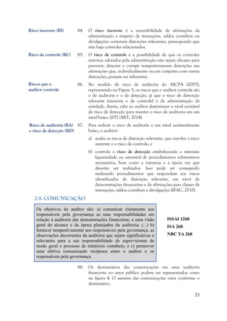 23
84. O risco inerente é a suscetibilidade de afirmações da
administração a respeito de transações, saldos contábeis ou
divulgações conterem distorções relevantes, pressupondo que
não haja controles relacionados.
85. O risco de controle é a possibilidade de que os controles
internos adotados pela administração não sejam eficazes para
prevenir, detectar e corrigir tempestivamente distorções nas
afirmações que, individualmente ou em conjunto com outras
distorções, possam ser relevantes.
86. No modelo de risco de auditoria do AICPA (2007),
representado na Figura 3, os riscos que o auditor controla são
o de auditoria e o de detecção, já que o risco de distorção
relevante (inerente e de controle) é da administração da
entidade. Assim, cabe ao auditor determinar o nível aceitável
de risco de detecção para manter o risco de auditoria em um
nível baixo. (STUART, 2014).
87. Para reduzir o risco de auditoria a um nível aceitavelmente
baixo, o auditor:
a) avalia os riscos de distorção relevante, que envolve o risco
inerente e o risco de controle; e
b) controla o risco de detecção estabelecendo a extensão
(quantidade ou amostra) de procedimentos substantivos
necessários, bem como a natureza e a época em que
deverão ser realizados. Isso pode ser conseguido
realizando procedimentos que respondam aos riscos
identificados de distorção relevante, em nível de
demonstrações financeiras e de afirmações para classes de
transações, saldos contábeis e divulgações (IFAC, 2010).
2.9. COMUNICAÇÃO
Os objetivos do auditor são: a) comunicar claramente aos
responsáveis pela governança as suas responsabilidades em
relação à auditoria das demonstrações financeiras, e uma visão
geral do alcance e da época planejados da auditoria; (...) b)
fornecer tempestivamente aos responsáveis pela governança, as
observações decorrentes da auditoria que sejam significativas e
relevantes para a sua responsabilidade de supervisionar de
modo geral o processo de relatórios contábeis; e c) promover
uma efetiva comunicação recíproca entre o auditor e os
responsáveis pela governança.
ISSAI 1260
ISA 260
NBC TA 260
88. Os destinatários das comunicações em uma auditoria
financeira no setor público podem ser representados como
na figura 4. O assunto das comunicações varia conforme o
destinatário.
Risco de controle (RC)
Riscos que o
auditor controla
Risco de auditoria (RA)
e risco de detecção (RD)
Risco inerente (RI)
 