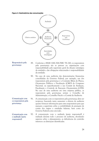 24
Figura 4: Destinatários das comunicações
89. Conforme a ISSAI 1260; ISA/NBC TA 260, os responsáveis
pela governança são as pessoas ou organizações com
responsabilidade pela supervisão geral da direção estratégica
da entidade e das obrigações relacionadas à responsabilidade
da entidade.
90. No caso de uma auditoria das demonstrações financeiras
consolidadas do Governo Federal, por exemplo, um dos
responsáveis pela governança é a Comissão Mista de Planos,
Orçamentos Públicos e Fiscalização (CMO) do Congresso
Nacional, ou especificamente o seu Comitê de Avaliação,
Fiscalização e Controle de Execução Orçamentária (CFIS).
No caso de uma auditoria em uma empresa pública, os
responsáveis pela governança seriam o Conselho de
Administração, o Conselho Fiscal e o Comitê de Auditoria.
91. A comunicação com os responsáveis pela governança deve ser
recíproca, buscando tanto aumentar a eficácia da auditoria
quanto fornecer informações para estes responsáveis para que
exerçam a supervisão sobre a confiabilidade da prestação de
contas dos órgãos e entidades federais, bem como do
Governo Federal como um todo.
92. A comunicação com o auditado (parte responsável) é
realizada durante todo o processo de auditoria, abordando
aspectos sobre o planejamento, as deficiências de controles
internos e as distorções identificadas.
Auditoria
Financeira
Auditado
Governança
Autoridades
para
investigação
Outros uusários
Responsáveis
pela
Governança
Responsáveis pela
governança
Comunicação com
os responsáveis pela
governança
Comunicação com
o auditado (parte
responsável)
 