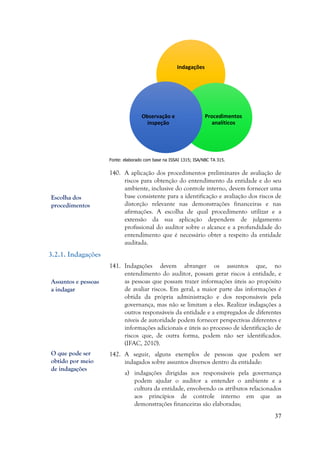 37
Fonte: elaborado com base na ISSAI 1315; ISA/NBC TA 315.
140. A aplicação dos procedimentos preliminares de avaliação de
riscos para obtenção do entendimento da entidade e do seu
ambiente, inclusive do controle interno, devem fornecer uma
base consistente para a identificação e avaliação dos riscos de
distorção relevante nas demonstrações financeiras e nas
afirmações. A escolha de qual procedimento utilizar e a
extensão da sua aplicação dependem de julgamento
profissional do auditor sobre o alcance e a profundidade do
entendimento que é necessário obter a respeito da entidade
auditada.
3.2.1. Indagações
141. Indagações devem abranger os assuntos que, no
entendimento do auditor, possam gerar riscos à entidade, e
as pessoas que possam trazer informações úteis ao propósito
de avaliar riscos. Em geral, a maior parte das informações é
obtida da própria administração e dos responsáveis pela
governança, mas não se limitam a eles. Realizar indagações a
outros responsáveis da entidade e a empregados de diferentes
níveis de autoridade podem fornecer perspectivas diferentes e
informações adicionais e úteis ao processo de identificação de
riscos que, de outra forma, podem não ser identificados.
(IFAC, 2010).
142. A seguir, alguns exemplos de pessoas que podem ser
indagados sobre assuntos diversos dentro da entidade:
a) indagações dirigidas aos responsáveis pela governança
podem ajudar o auditor a entender o ambiente e a
cultura da entidade, envolvendo os atributos relacionados
aos princípios de controle interno em que as
demonstrações financeiras são elaboradas;
Indagações
Procedimentos
analíticos
Observação e
inspeção
Escolha dos
procedimentos
Assuntos e pessoas
a indagar
O que pode ser
obtido por meio
de indagações
 