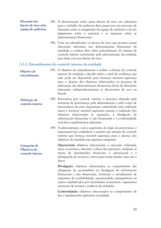 52
195. A determinação sobre quais fatores de risco são relevantes
para o trabalho de auditoria deve passar por um processo de
discussão entre os integrantes da equipe de auditoria e de um
julgamento sobre a natureza e os impactos sobre as
demonstrações financeiras.
196. Uma vez identificados os fatores de risco que possam causar
distorções relevantes nas demonstrações financeiras da
entidade, o auditor deve obter entendimento do sistema de
controle interno estruturado pela administração da entidade
para lidar com tais fatores de risco.
3.3.2. Entendimento do controle interno da entidade
197. O objetivo do entendimento é avaliar a eficácia do controle
interno da entidade e decidir sobre o nível de confiança que
nele pode ser depositado para fornecer razoável segurança
para o alcance dos objetivos relacionados ao processo de
elaboração das demonstrações financeiras livres de distorções
relevantes, independentemente se decorrentes de erro ou
fraude.
198. Entende-se por controle interno o processo efetuado pela
estrutura de governança, pela administração e pelo corpo de
funcionários de uma organização, estruturado para enfrentar
riscos e fornecer razoável segurança quanto à realização dos
objetivos relacionados às operações, à divulgação de
informações financeiras e não financeiras e à conformidade
com leis e regulamentos aplicáveis.
199. A administração, com a supervisão do órgão de governança, é
responsável por estabelecer e manter um sistema de controle
interno que forneça razoável segurança para o alcance dos
objetivos da entidade nas seguintes categorias:
Operacional: objetivos relacionados à execução ordenada,
ética, econômica, eficiente e eficaz das operações, inclusive as
metas de desempenho financeiro e operacional e a
salvaguarda de recursos e ativos para evitar perdas, mau uso e
dano;
Divulgação: objetivos relacionados ao cumprimento das
obrigações de accountability na divulgação de informações
financeiras e não financeiras, incluindo o atendimento de
requisitos de confiabilidade, oportunidade, transparência ou
outros estabelecidos por autoridades normativas, organismos
emissores de normas e políticas da entidade;
Conformidade: objetivos relacionados ao cumprimento de
leis e regulamentos aplicáveis à entidade.
Discussão dos
fatores de risco pela
equipe de auditoria
Categorias de
Objetivos do
controle interno
Objetivo do
entendimento
Definição de
controle interno
 