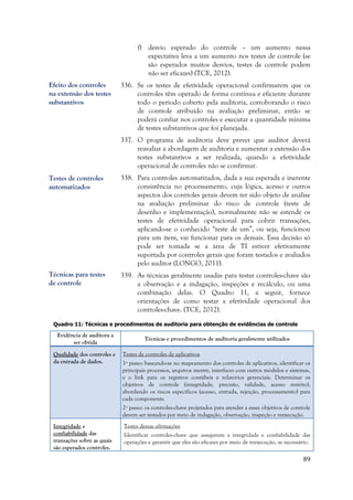 89
f) desvio esperado do controle – um aumento nessa
expectativa leva a um aumento nos testes de controle (se
são esperados muitos desvios, testes de controle podem
não ser eficazes) (TCE, 2012).
336. Se os testes de efetividade operacional confirmarem que os
controles têm operado de forma contínua e eficiente durante
todo o período coberto pela auditoria, corroborando o risco
de controle atribuído na avaliação preliminar, então se
poderá confiar nos controles e executar a quantidade mínima
de testes substantivos que foi planejada.
337. O programa de auditoria deve prever que auditor deverá
reavaliar a abordagem de auditoria e aumentar a extensão dos
testes substantivos a ser realizada, quando a efetividade
operacional de controles não se confirmar.
338. Para controles automatizados, dada a sua esperada e inerente
consistência no processamento, cuja lógica, acesso e outros
aspectos dos controles gerais devem ter sido objeto de análise
na avaliação preliminar do risco de controle (teste de
desenho e implementação), normalmente não se estende os
testes de efetividade operacional para cobrir transações,
aplicando-se o conhecido “teste de um”, ou seja, funcionou
para um item, vai funcionar para os demais. Essa decisão só
pode ser tomada se a área de TI estiver efetivamente
suportada por controles gerais que foram testados e avaliados
pelo auditor (LONGO, 2011).
339. As técnicas geralmente usadas para testar controles-chave são
a observação e a indagação, inspeções e recálculo, ou uma
combinação delas. O Quadro 11, a seguir, fornece
orientações de como testar a efetividade operacional dos
controles-chave. (TCE, 2012).
Quadro 11: Técnicas e procedimentos de auditoria para obtenção de evidências de controle
Evidência de auditora a
ser obtida
Técnicas e procedimentos de auditoria geralmente utilizados
Qualidade dos controles e
da entrada de dados.
Testes de controles de aplicativos
1º passo: baseando-se no mapeamento dos controles de aplicativos, identificar os
principais processos, arquivos mestre, interfaces com outros módulos e sistemas,
e o link para os registros contábeis e relatórios gerenciais. Determinar os
objetivos de controle (integridade, precisão, validade, acesso restrito),
abordando os riscos específicos (acesso, entrada, rejeição, processamento) para
cada componente.
2º passo: os controles-chave projetados para atender a esses objetivos de controle
devem ser testados por meio de indagação, observação, inspeção e reexecução.
Integridade e
confiabilidade das
transações sobre as quais
são esperados controles.
Testes dessas afirmações
Identificar controles-chave que asseguram a integridade e confiabilidade das
operações e garantir que eles são eficazes por meio de reexecução, se necessário.
Técnicas para testes
de controle
Efeito dos controles
na extensão dos testes
substantivos
Testes de controles
automatizados
 