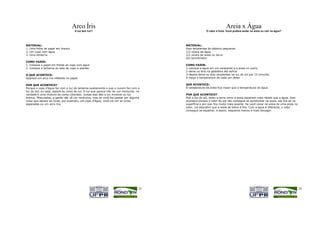 Arco Íris                                                                            Areia x Água
                                     A luz tem cor?                                                     O calor é forte. Você prefere andar na areia ou cair na água?




MATERIAL:                                                                                MATERIAL:
1. Uma folha de papel em branco                                                          Dois recipientes de plástico pequenos
2. Um copo com água                                                                      1/2 xícara de água
3. Uma lanterna                                                                          1/2 xícara de areia ou terra
                                                                                         Um termômetro
COMO FAZER:
1. Coloque o papel em frente ao copo com água                                            COMO FAZER:
2. Coloque a lanterna ao lado do copo e acenda                                           1-coloque a água em um recipiente e a areia no outro.
                                                                                         2-deixe os dois na geladeira até esfriar
O QUE ACONTECE:                                                                          3-depois deixe os dois recipientes na luz do sol por 15 minutos
Aparece um arco-íris refletido no papel.                                                 4-meça a temperatura de cada um deles

POR QUE ACONTECE?                                                                        QUE ACONTECE:
Porque o copo d'água faz com a luz da lanterna exatamente o que a nuvem faz com a        A temperatura da areia fica maior que a temperatura da água
luz do Sol, ou seja, separa as cores da luz. A luz que parece não ter cor nenhuma, na
verdade é uma mistura de cores coloridas. Juntas elas dão a luz invisível ou luz         POR QUE ACONTECE?
branca. Misturadas, a gente não vê cor nenhuma, mas se você faz passar por alguma        Sob a luz do sol, tanto a terra como a areia aquecem mais rápido que a água. Isso
coisa que separe as cores, por exemplo, um copo d'água, você vai ver as cores            acontece porque o calor do sol não consegue se aprofundar na areia, ele fica só na
separadas ou um arco-íris.                                                               superfície e por isso fica muito mais quente. Se você cavar na areia de uma praia no
                                                                                         calor, vai descobrir que a areia de baixo é fria. Com a água é diferente, o calor
                                                                                         consegue se espalhar, e assim, esquenta menos e mais devagar.




                                                                                    23                                                                                          24
 