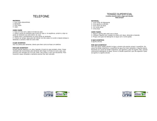 TENSÃO SUPERFICIAL
                              TELEFONE                                                                       A aranha caminha sobre a água sem afundar.
                                                                                                                           Sabe porque?

MATERIAL                                                                               MATERIAL:
1. Dois copos descartáveis                                                             1- Uma colher de detergente
2. Barbante                                                                            2- Uma agulha ou alfinete
3. Dois clipes                                                                         3- Uma xícara de água
4. Lápis                                                                               4- Um conta-gotas
                                                                                       5- Uma pinça
COMO FAZER
1. Faça um furo com o lápis no fundo do copo.                                          COMO FAZER:
2. Passe a ponta do barbante pelo fundo do copo e, na seqüência, amarre o clipe na     1. Pegue a agulha pelo meio com a pinça.
ponta do barbante que está dentro do copo.                                             2. Coloque a agulha com cuidado na xícara com água, deixando-a boiando.
3. Repita todo o procedimento na outra ponta do barbante.                              3. Pingue uma gota de detergente na água com o conta-gotas.
4. Chame um amigo, peça para ele colocar um dos copos no ouvido e depois estique o
barbante e comece a falar do outro lado.                                               O QUE ACONTECE:
                                                                                       A agulha afunda.
O QUE ACONTECE
Sua voz passa pelo barbante, dando para falar como se fosse um telefone.               POR QUE ACONTECE?
                                                                                       Para que algum objeto afunde na água, primeiro ele precisa romper a superfície. Por
POR QUE ACONTECE?                                                                      causa da tensão superficial, a superfície da água fica mais resistente. A agulha estava
Porque quando falamos o ar vibra, fazendo o fundo do copo também vibrar. Essas         flutuando por causa da tensão superficial, que agüenta o peso da agulha. Mas, quando
vibrações são transmitidas pelo barbante até chegar no fundo do outro copo, que        misturamos detergente na água, diminui a tensão superficial, que não agüenta o peso
provoca uma vibração do ar ao seu redor, isso produz o som que escutamos. Para         da agulha e a agulha afunda.
transmitir essas vibrações o barbante precisa ficar bem esticado.




                                                                                  53                                                                                        54
 