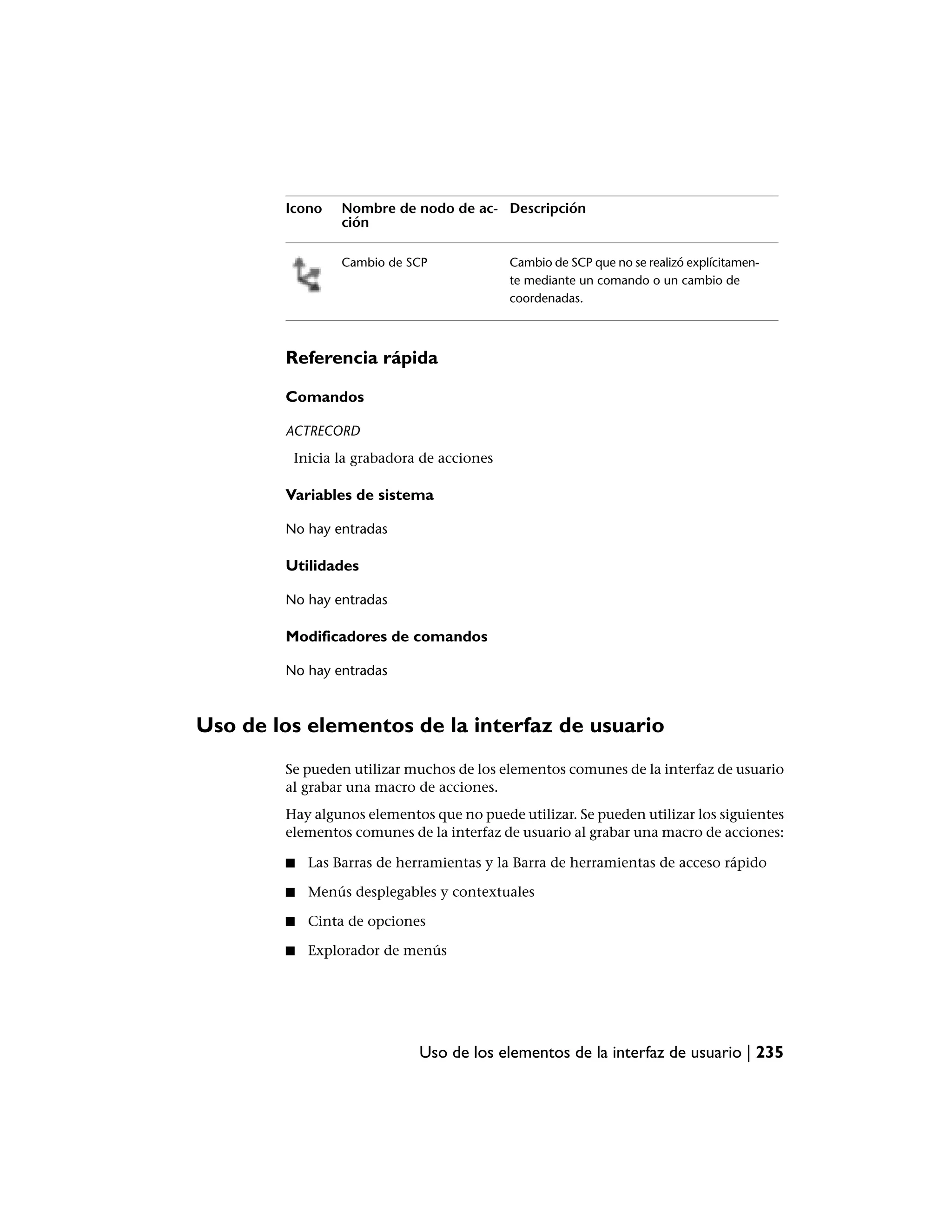 Icono    Nombre de nodo de ac- Descripción
                 ción

                 Cambio de SCP             Cambio de SCP que no se realizó explícitamen-
                                           te mediante un comando o un cambio de
                                           coordenadas.



        Referencia rápida

        Comandos

        ACTRECORD
         Inicia la grabadora de acciones

        Variables de sistema

        No hay entradas

        Utilidades

        No hay entradas

        Modificadores de comandos

        No hay entradas



Uso de los elementos de la interfaz de usuario
        Se pueden utilizar muchos de los elementos comunes de la interfaz de usuario
        al grabar una macro de acciones.
        Hay algunos elementos que no puede utilizar. Se pueden utilizar los siguientes
        elementos comunes de la interfaz de usuario al grabar una macro de acciones:

        ■   Las Barras de herramientas y la Barra de herramientas de acceso rápido

        ■   Menús desplegables y contextuales

        ■   Cinta de opciones

        ■   Explorador de menús




                             Uso de los elementos de la interfaz de usuario | 235
 
