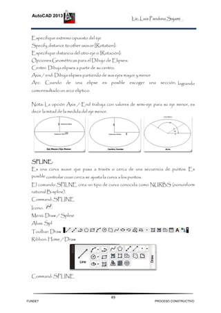Lic. Luis Panduro Sajami
AutoCAD 2013
49
Especifique extremo opuesto del eje
Specify distance to other axisor [Rotation]:
Especifique distancia del otro eje o [Rotación]:
Opciones Geométricas para el Dibujo de Elipses:
Center: Dibuja elipses a partir de su centro.
Axis / end: Dibuja elipses partiendo de sus ejes mayor y menor
Arc: Cuando de una elipse es posible escoger una sección, logrando
comoresultado un arco elíptico.
Nota: La opción Axis / End trabaja con valores de semi-eje para su eje menor, es
decir la mitad de la medida del eje menor.
SPLINE:
Es una curva suave que pasa a través o cerca de una secuencia de puntos. Es
posible controlar cuan cerca se ajusta la curva a los puntos.
El comando SPILNE crea un tipo de curva conocida como NURBS (nonuniform
rational B-spline).
Command: SPLINE
Icono:
Menú: Draw / Spline
Alias: Spl
Toolbar: Draw
Ribbon: Home / Draw
Command: SPLINE
FUNDET PROCESO CONSTRUCTIVO
 