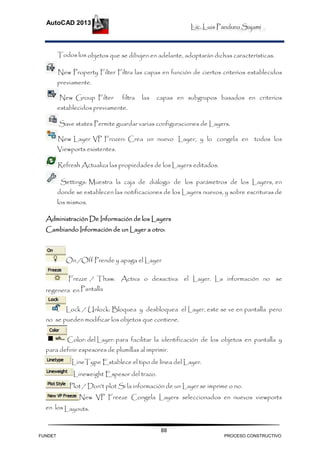 Lic. Luis Panduro Sajami
AutoCAD 2013
88
Todos los objetos que se dibujen en adelante, adoptarán dichas características.
New Property Filter Filtra las capas en función de ciertos criterios establecidos
previamente.
New Group Filter filtra las capas en subgrupos basados en criterios
establecidos previamente.
Save states Permite guardar varias configuraciones de Layers.
New Layer VP Frozen: Crea un nuevo Layer, y lo congela en todos los
Viewports existentes.
Refresh Actualiza las propiedades de los Layers editados.
Settings: Muestra la caja de diálogo de los parámetros de los Layers, en
donde se establecen las notificaciones de los Layers nuevos, y sobre escrituras de
los mismos.
Administración De Información de los Layers
Cambiando Información de un Layer a otro:
On /Off Prende y apaga el Layer
Frezze / Thaw: Activa o desactiva el Layer. La información no se
regenera en Pantalla
Lock / Unlock: Bloquea y desbloquea el Layer, este se ve en pantalla pero
no se pueden modificar los objetos que contiene.
Color: del Layer: para facilitar la identificación de los objetos en pantalla y
para definir espesores de plumillas al imprimir.
LineType Establece el tipo de línea del Layer.
Lineweight Espesor del trazo.
Plot / Don’t plot Si la información de un Layer se imprime o no.
New VP Freeze Congela Layers seleccionados en nuevos viewports
en los Layouts.
FUNDET PROCESO CONSTRUCTIVO
 