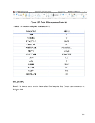 103
Figura 5.95. Tabla Ribborn para modelado 3D.
Tabla 5.7. Comandos utilizados en la Practica 7.
COMANDO ALIAS
LINE L
CIRCLE C
DYMSTILE DYM
EXTRUDE EXT
PRESSPULL PRESSPULL
MOVE MOVE
3D ROTATE 3DROTATE
Layer LA
Join J
ORBIT ORBIT
HELIX HL
COPY CO
SUBTRACT SU
SOLUCION:
Paso 1: Se abre un nuevo archivo tipo acadiso3D en la opción Start Drawin como se muestra en
la figura 5.96.
 