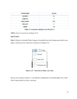52
COMANDO ALIAS
ELIPSE EL
CIRCLE C
POLYGON POL
FILLET F
TRIM TR
Tabla 5.3. Comandos utilizados en la Practica 3.
NOTA: Activar la opción de AutoSnap (F11)
SOLUCION:
Paso 1: Ejecute el comando Elipse: busque en la pestaña home una la figura que asimila a una
elipse y seleccione Axis, End como se observa en la figura 5.21.
Figura 5.21. Ubicación de Elipse Axis, End.
Specify caxis endpiont of elipse or: clic derecho y desplazamos a la derecha digite 165 y Enter.
Ortho: Hacia arriba 54 y Enter. (semi eje).
 