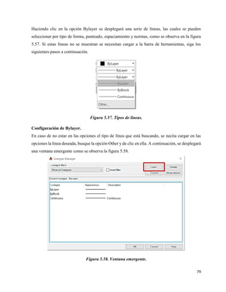 79
Haciendo clic en la opción Bylayer se desplegará una serie de líneas, las cuales se pueden
seleccionar por tipo de forma, punteado, espaciamiento y normas, como se observa en la figura
5.57. Si estas líneas no se muestran se necesitan cargar a la barra de herramientas, siga los
siguientes pasos a continuación.
Figura 5.57. Tipos de líneas.
Configuración de Bylayer.
En caso de no estar en las opciones el tipo de línea que está buscando, se necita cargar en las
opciones la línea deseada, busque la opción Other y de clic en ella. A continuación, se desplegará
una ventana emergente como se observa la figura 5.58.
Figura 5.58. Ventana emergente.
 