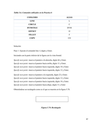 87
Tabla 5.6. Comandos utilizados en la Practica 6
COMANDO ALIAS
LINE L
CIRCLE C
DYMSTILE DYM
OFFSET O
FILLET F
COPY CO
Solución:
Paso 1: Ejecute el comando line: L digite y Enter.
Iniciando con la parte inferior de la figura con la vista frontal.
Specify next point: mueva el puntero a la derecha, digite 66 y Enter.
Specify next point: mueva el puntero hacia arriba, digite 11 y Enter.
Specify next point: mueva el puntero hacia izquierda, digite 10 y Enter.
Specify next point: mueva el puntero hacia izquierda, digite 12 y Enter.
Specify next point: mueva el puntero a la izquierda, digite 22 y Enter.
Specify next point: mueva el puntero hacia izquierda, digite 12 y Enter.
Specify next point: mueva el puntero hacia izquierda, digite 10 y Enter.
Specify next point: mueva el puntero hacia abajo, digite 11 y Enter
Obteniéndose un rectángulo como es el que se muestra en la figura 5.70.
Figura 5.70. Rectángulo
 