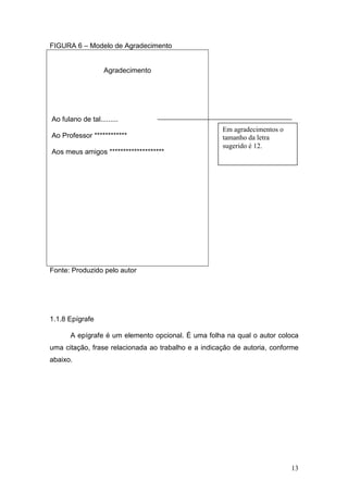 FIGURA 6 – Modelo de Agradecimento


                   Agradecimento




Ao fulano de tal.........
                                                     Em agradecimentos o
Ao Professor ************                            tamanho da letra
                                                     sugerido é 12.
Aos meus amigos ********************




Fonte: Produzido pelo autor




1.1.8 Epígrafe

       A epígrafe é um elemento opcional. É uma folha na qual o autor coloca
uma citação, frase relacionada ao trabalho e a indicação de autoria, conforme
abaixo.




                                                                           13
 
