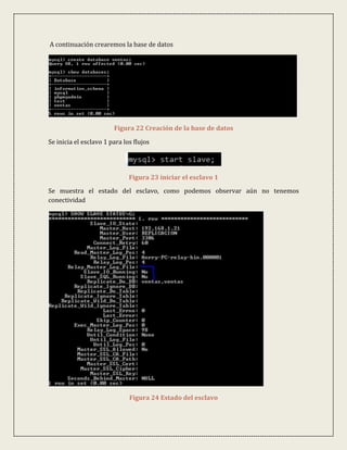 A continuación crearemos la base de datos




                        Figura 22 Creación de la base de datos

Se inicia el esclavo 1 para los flujos




                              Figura 23 iniciar el esclavo 1
Se muestra el estado del esclavo, como podemos observar aún no tenemos
conectividad




                              Figura 24 Estado del esclavo
 