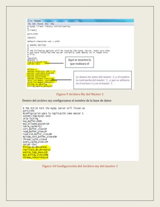 Aquí se muestra lo
                                  que realizara el



                                       Le damos los datos del master 2, y el nombre
                                       la contraseña del master 1 , y que se utilizara
                                       en el esclavo 1 y en el master 1.


                        Figura 9 Archivo My del Master 1

Dentro del archivo my configuramos el nombre de la base de datos




              Figura 10 Configuración del Archivo my del master 1
 