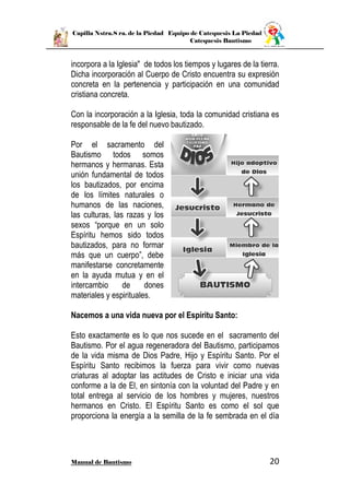 Capilla Nstra.S ra. de la Piedad Equipo de Catequesis La Piedad
Catequesis Bautismo
Manual de Bautismo 20
incorpora a la Iglesia" de todos los tiempos y lugares de la tierra.
Dicha incorporación al Cuerpo de Cristo encuentra su expresión
concreta en la pertenencia y participación en una comunidad
cristiana concreta.
Con la incorporación a la Iglesia, toda la comunidad cristiana es
responsable de la fe del nuevo bautizado.
Por el sacramento del
Bautismo todos somos
hermanos y hermanas. Esta
unión fundamental de todos
los bautizados, por encima
de los límites naturales o
humanos de las naciones,
las culturas, las razas y los
sexos “porque en un solo
Espíritu hemos sido todos
bautizados, para no formar
más que un cuerpo”, debe
manifestarse concretamente
en la ayuda mutua y en el
intercambio de dones
materiales y espirituales.
Nacemos a una vida nueva por el Espíritu Santo:
Esto exactamente es lo que nos sucede en el sacramento del
Bautismo. Por el agua regeneradora del Bautismo, participamos
de la vida misma de Dios Padre, Hijo y Espíritu Santo. Por el
Espíritu Santo recibimos la fuerza para vivir como nuevas
criaturas al adoptar las actitudes de Cristo e iniciar una vida
conforme a la de El, en sintonía con la voluntad del Padre y en
total entrega al servicio de los hombres y mujeres, nuestros
hermanos en Cristo. El Espíritu Santo es como el sol que
proporciona la energía a la semilla de la fe sembrada en el día
 