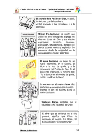 Capilla Nstra.S ra. de la Piedad Equipo de Catequesis La Piedad
Catequesis Bautismo
Manual de Bautismo 31
El anuncio de la Palabra de Dios, es decir,
las lecturas, que da luz sobre la
verdad revelada a los candidatos y a la
asamblea;
El agua bautismal es signo de un
nuevo nacimiento, en el Espíritu. El
inicio a la vida de gracia, y a la
pertenencia del Pueblo de Dios. Es el
signo más importante. El ministro dice:
“Yo te bautizo en el nombre del padre,
del hijo y del Espirítu Santo”
La unción con el santo crisma, óleo
perfumado y consagrado por el obispo,
significa el don del Espíritu Santo al
nuevo bautizado.
Vestidura blanca simboliza que el
bautizado se ha “revestido de Cristo”
El cirio que se enciende en el cirio
pascual, significa que Cristo ha
iluminado al neófito. En Cristo, los
bautizados son: "la luz del mundo"
Unción Pre-bautismal: La unción con
aceite de oliva consagrado, expresa los
diversos dones de Dios y sus efectos
espirituales: bendición, bienestar,
purificación, fortalecimiento, donación de
plenos poderes, realeza y esplendor Se
encuentra desde la antigüedad en la
consagración de reyes y sacerdotes
 