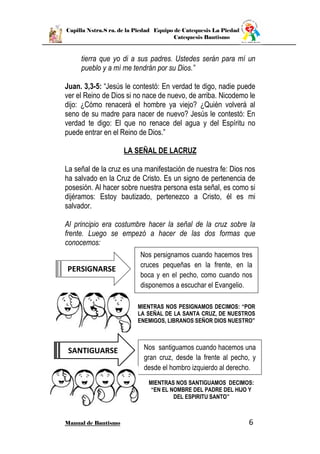 Capilla Nstra.S ra. de la Piedad Equipo de Catequesis La Piedad
Catequesis Bautismo
Manual de Bautismo 6
tierra que yo di a sus padres. Ustedes serán para mí un
pueblo y a mí me tendrán por su Dios.”
Juan. 3,3-5: “Jesús le contestó: En verdad te digo, nadie puede
ver el Reino de Dios si no nace de nuevo, de arriba. Nicodemo le
dijo: ¿Cómo renacerá el hombre ya viejo? ¿Quién volverá al
seno de su madre para nacer de nuevo? Jesús le contestó: En
verdad te digo: El que no renace del agua y del Espíritu no
puede entrar en el Reino de Dios.”
LA SEÑAL DE LACRUZ
La señal de la cruz es una manifestación de nuestra fe: Dios nos
ha salvado en la Cruz de Cristo. Es un signo de pertenencia de
posesión. Al hacer sobre nuestra persona esta señal, es como si
dijéramos: Estoy bautizado, pertenezco a Cristo, él es mi
salvador.
Al principio era costumbre hacer la señal de la cruz sobre la
frente. Luego se empezó a hacer de las dos formas que
conocemos:
MIENTRAS NOS PESIGNAMOS DECIMOS: “POR
LA SEÑAL DE LA SANTA CRUZ, DE NUESTROS
ENEMIGOS, LIBRANOS SEÑOR DIOS NUESTRO”
PERSIGNARSE
Nos persignamos cuando hacemos tres
cruces pequeñas en la frente, en la
boca y en el pecho, como cuando nos
disponemos a escuchar el Evangelio.
SANTIGUARSE Nos santiguamos cuando hacemos una
gran cruz, desde la frente al pecho, y
desde el hombro izquierdo al derecho.
MIENTRAS NOS SANTIGUAMOS DECIMOS:
“EN EL NOMBRE DEL PADRE DEL HIJO Y
DEL ESPIRITU SANTO”
 