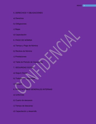MANUAL DE BIENVENIDA EL MANTEQUILLON
2INDICE
5. DERECHOS Y OBLIGACIONES
a) Derechos
b) Obligaciones
c) Bajas
d) Capacitación
6. PAGO DE NÓMINA
a) Tiempo y Pago de Nómina
b) Recibos de Nómina
c) Prestaciones
d) Tabla de Periodo de Vacaciones
7. SEGURIDAD SOCIAL
a) Seguro Social
b) Trabajar con Seguridad
c) Botiquín
8. PRESTACIONES GENERALES INTERNAS
a) Uniformes
b) Cuarto de descanso
c) Tiempo de descanso
d) Capacitación y desarrollo
 
