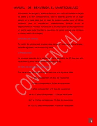MANUAL DE BIENVENIDA EL MANTEQUILLASO
9
Al momento de recoger tu tarjeta recibirás un sobre el cual contiene tu tarjeta
de débito y tu NIP correspondiente. Este lo deberás guardar en un lugar
seguro en tu casa para que en caso de extravío puedas hacer el trámite
necesario para su cancelación, posteriormente deberás acudir al
departamento de recursos humanos de tu localidad para que te proporcionen
un escrito para poder tramitar la reposición (el banco cobrará una comisión
por la reposición de tu tarjeta).
b) Recibos de nómina
Tu recibo de nómina será enviado cada semana y quincena a la empresa y
deberás regresarlo con tu nombre y firma.
c) Prestaciones:
La empresa además de tu salario te ofrece aguinaldo de 20 días por año,
vacaciones y prima vacacional establecidas por ley.
d) Tabla de período de vacaciones:
Tus vacaciones deberás solicitarlas conforme a la siguiente tabla:
1 año corresponden a 6 días de vacaciones
2 años corresponden a 8 días de vacaciones
3 años corresponden a 10 días de vacaciones
de 4 a 7 años corresponden 12 días de vacaciones
de 7 a 10 años corresponden 14 días de vacaciones
de 10 a 13 años corresponden 16 días de vacaciones
 