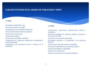  
	
  
	
  
	
  
2º	
  CURSO	
  
	
  
Comunicación	
   institucional:	
   administración	
   publica	
   y	
  
ciudadanos	
  
Dirección	
   estratégica	
   en	
   relaciones	
   publicas	
   economía	
   y	
  
técnicas	
  de	
  mercado	
  
Sistema	
  de	
  comunicación	
  empresarial	
  
Tecnologías	
   aplicadas	
   a	
   la	
   publicidad	
   y	
   las	
   relaciones	
  
públicas	
  
Comunicación,	
  derechos	
  humanos	
  e	
  igualdad	
  
Derecho	
  de	
  la	
  publicidad	
  y	
  las	
  relaciones	
  publicas	
  
Dirección	
  estratégica	
  en	
  publicidad	
  	
  
Empresa	
  de	
  comunicación	
  	
  
Técnicas	
  y	
  herramientas	
  en	
  relaciones	
  publicas	
  
PLAN	
  DE	
  ESTUDIOS	
  EN	
  EL	
  GRADO	
  DE	
  PUBLICIDAD	
  Y	
  RRPP.	
  
	
  
	
  
	
  	
  
	
  
1º	
  CURSO	
  
	
  
Psicología	
  en	
  publicidad	
  y	
  rrpp	
  
Sistemas	
  de	
  medios	
  en	
  españa	
  	
  
Tecnología	
  de	
  la	
  comunicación	
  audiovisual	
  	
  
Teoría	
  e	
  historia	
  de	
  las	
  relaciones	
  publicas	
  	
  
Teorías	
  de	
  la	
  comunicación	
  
Comunicación	
  política	
  
Comunicación,	
  sociedad	
  e	
  individuo	
  
Fundamentos	
   de	
   realización	
   audiovisual	
   en	
   publicidad	
   y	
  
relaciones	
  públicas	
  
Fundamentos	
   del	
   periodismo	
   teoría	
   e	
   historia	
   de	
   la	
  
publicidad	
  
	
  	
  
	
  
15	
  
 