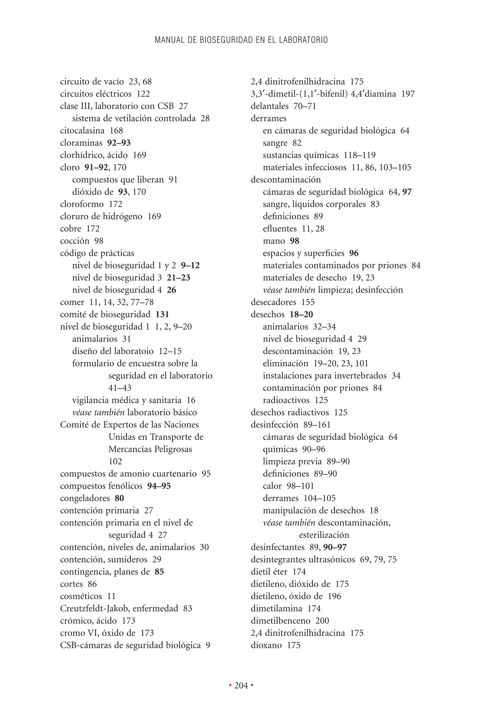 MANUAL DE BIOSEGURIDAD EN EL LABORATORIO
• 204 •
circuito de vacío 23, 68
circuitos eléctricos 122
clase III, laboratorio con CSB 27
sistema de vetilación controlada 28
citocalasina 168
cloraminas 92–93
clorhídrico, ácido 169
cloro 91–92, 170
compuestos que liberan 91
dióxido de 93, 170
cloroformo 172
cloruro de hidrógeno 169
cobre 172
cocción 98
código de prácticas
nivel de bioseguridad 1 y 2 9–12
nivel de bioseguridad 3 21–23
nivel de bioseguridad 4 26
comer 11, 14, 32, 77–78
comité de bioseguridad 131
nivel de bioseguridad 1 1, 2, 9–20
animalarios 31
diseño del laboratoio 12–15
formulario de encuestra sobre la
seguridad en el laboratorio
41–43
vigilancia médica y sanitaria 16
véase también laboratorio básico
Comité de Expertos de las Naciones
Unidas en Transporte de
Mercancías Peligrosas
102
compuestos de amonio cuartenario 95
compuestos fenólicos 94–95
congeladores 80
contención primaria 27
contención primaria en el nivel de
seguridad 4 27
contención, niveles de, animalarios 30
contención, sumideros 29
contingencia, planes de 85
cortes 86
cosméticos 11
Creutzfeldt-Jakob, enfermedad 83
crómico, ácido 173
cromo VI, óxido de 173
CSB-cámaras de seguridad biológica 9
2,4 dinitrofenilhidracina 175
3,3¢-dimetil-(1,1¢-bifenil) 4,4¢diamina 197
delantales 70–71
derrames
en cámaras de seguridad biológica 64
sangre 82
sustancias químicas 118–119
materiales infecciosos 11, 86, 103–105
descontaminación
cámaras de seguridad biológica 64, 97
sangre, líquidos corporales 83
deﬁniciones 89
eﬂuentes 11, 28
mano 98
espacios y superﬁcies 96
materiales contaminados por priones 84
materiales de desecho 19, 23
véase también limpieza; desinfección
desecadores 155
desechos 18–20
animalarios 32–34
nivel de bioseguridad 4 29
descontaminación 19, 23
eliminación 19–20, 23, 101
instalaciones para invertebrados 34
contaminación por priones 84
radioactivos 125
desechos radiactivos 125
desinfección 89–161
cámaras de seguridad biológica 64
químicas 90–96
limpieza previa 89–90
deﬁniciones 89–90
calor 98–101
derrames 104–105
manipulación de desechos 18
véase también descontaminación,
esterilización
desinfectantes 89, 90–97
desintegrantes ultrasónicos 69, 79, 75
dietil éter 174
dietileno, dióxido de 175
dietileno, óxido de 196
dimetilamina 174
dimetilbenceno 200
2,4 dinitrofenilhidracina 175
dioxano 175
 