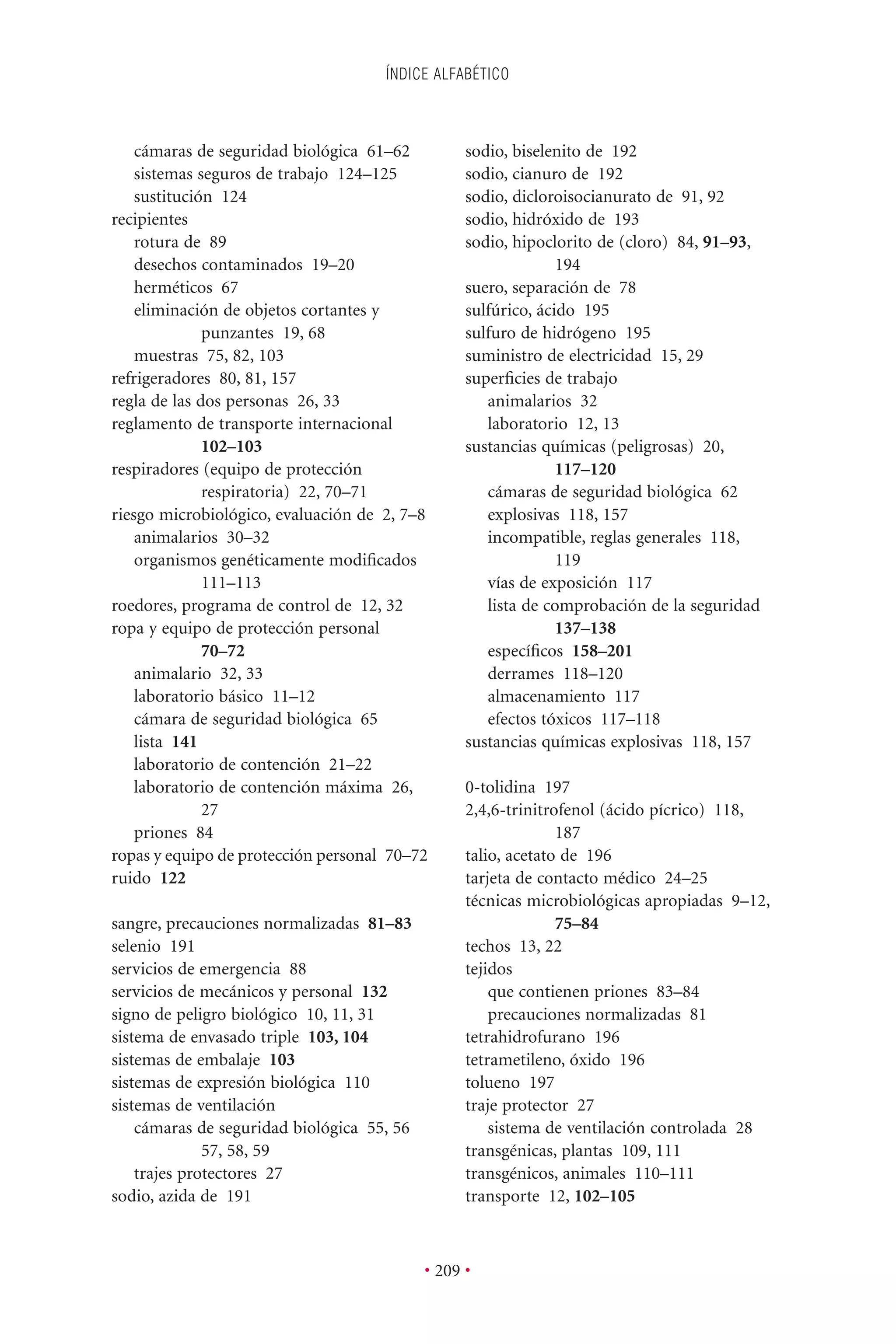 ÍNDICE ALFABÉTICO
• 209 •
cámaras de seguridad biológica 61–62
sistemas seguros de trabajo 124–125
sustitución 124
recipientes
rotura de 89
desechos contaminados 19–20
herméticos 67
eliminación de objetos cortantes y
punzantes 19, 68
muestras 75, 82, 103
refrigeradores 80, 81, 157
regla de las dos personas 26, 33
reglamento de transporte internacional
102–103
respiradores (equipo de protección
respiratoria) 22, 70–71
riesgo microbiológico, evaluación de 2, 7–8
animalarios 30–32
organismos genéticamente modiﬁcados
111–113
roedores, programa de control de 12, 32
ropa y equipo de protección personal
70–72
animalario 32, 33
laboratorio básico 11–12
cámara de seguridad biológica 65
lista 141
laboratorio de contención 21–22
laboratorio de contención máxima 26,
27
priones 84
ropas y equipo de protección personal 70–72
ruido 122
sangre, precauciones normalizadas 81–83
selenio 191
servicios de emergencia 88
servicios de mecánicos y personal 132
signo de peligro biológico 10, 11, 31
sistema de envasado triple 103, 104
sistemas de embalaje 103
sistemas de expresión biológica 110
sistemas de ventilación
cámaras de seguridad biológica 55, 56
57, 58, 59
trajes protectores 27
sodio, azida de 191
sodio, biselenito de 192
sodio, cianuro de 192
sodio, dicloroisocianurato de 91, 92
sodio, hidróxido de 193
sodio, hipoclorito de (cloro) 84, 91–93,
194
suero, separación de 78
sulfúrico, ácido 195
sulfuro de hidrógeno 195
suministro de electricidad 15, 29
superﬁcies de trabajo
animalarios 32
laboratorio 12, 13
sustancias químicas (peligrosas) 20,
117–120
cámaras de seguridad biológica 62
explosivas 118, 157
incompatible, reglas generales 118,
119
vías de exposición 117
lista de comprobación de la seguridad
137–138
especíﬁcos 158–201
derrames 118–120
almacenamiento 117
efectos tóxicos 117–118
sustancias químicas explosivas 118, 157
0-tolidina 197
2,4,6-trinitrofenol (ácido pícrico) 118,
187
talio, acetato de 196
tarjeta de contacto médico 24–25
técnicas microbiológicas apropiadas 9–12,
75–84
techos 13, 22
tejidos
que contienen priones 83–84
precauciones normalizadas 81
tetrahidrofurano 196
tetrametileno, óxido 196
tolueno 197
traje protector 27
sistema de ventilación controlada 28
transgénicas, plantas 109, 111
transgénicos, animales 110–111
transporte 12, 102–105
 