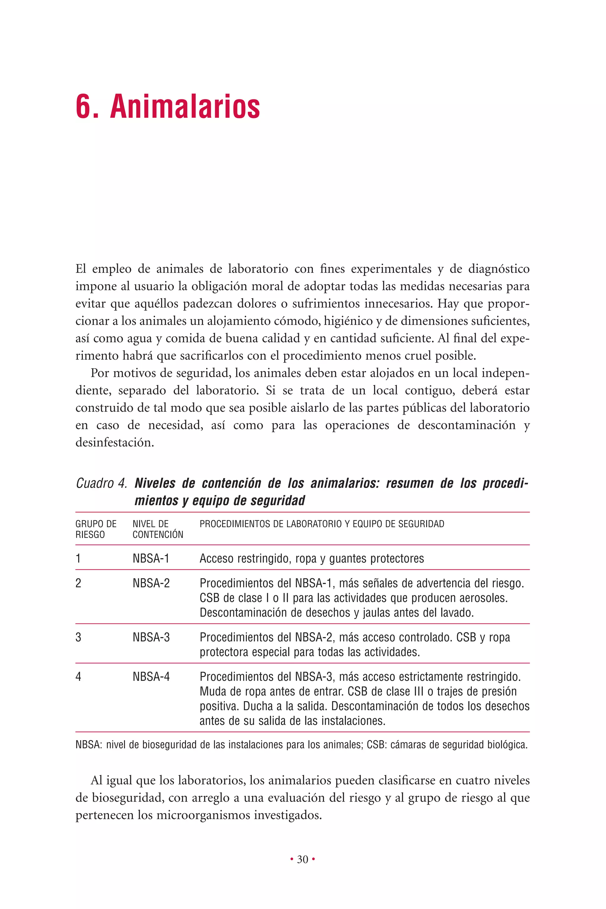 • 30 •
6. Animalarios
El empleo de animales de laboratorio con ﬁnes experimentales y de diagnóstico
impone al usuario la obligación moral de adoptar todas las medidas necesarias para
evitar que aquéllos padezcan dolores o sufrimientos innecesarios. Hay que propor-
cionar a los animales un alojamiento cómodo, higiénico y de dimensiones suﬁcientes,
así como agua y comida de buena calidad y en cantidad suﬁciente. Al ﬁnal del expe-
rimento habrá que sacriﬁcarlos con el procedimiento menos cruel posible.
Por motivos de seguridad, los animales deben estar alojados en un local indepen-
diente, separado del laboratorio. Si se trata de un local contiguo, deberá estar
construido de tal modo que sea posible aislarlo de las partes públicas del laboratorio
en caso de necesidad, así como para las operaciones de descontaminación y
desinfestación.
Cuadro 4. Niveles de contención de los animalarios: resumen de los procedi-
mientos y equipo de seguridad
GRUPO DE NIVEL DE PROCEDIMIENTOS DE LABORATORIO Y EQUIPO DE SEGURIDAD
RIESGO CONTENCIÓN
1 NBSA-1 Acceso restringido, ropa y guantes protectores
2 NBSA-2 Procedimientos del NBSA-1, más señales de advertencia del riesgo.
CSB de clase I o II para las actividades que producen aerosoles.
Descontaminación de desechos y jaulas antes del lavado.
3 NBSA-3 Procedimientos del NBSA-2, más acceso controlado. CSB y ropa
protectora especial para todas las actividades.
4 NBSA-4 Procedimientos del NBSA-3, más acceso estrictamente restringido.
Muda de ropa antes de entrar. CSB de clase III o trajes de presión
positiva. Ducha a la salida. Descontaminación de todos los desechos
antes de su salida de las instalaciones.
NBSA: nivel de bioseguridad de las instalaciones para los animales; CSB: cámaras de seguridad biológica.
Al igual que los laboratorios, los animalarios pueden clasiﬁcarse en cuatro niveles
de bioseguridad, con arreglo a una evaluación del riesgo y al grupo de riesgo al que
pertenecen los microorganismos investigados.
 