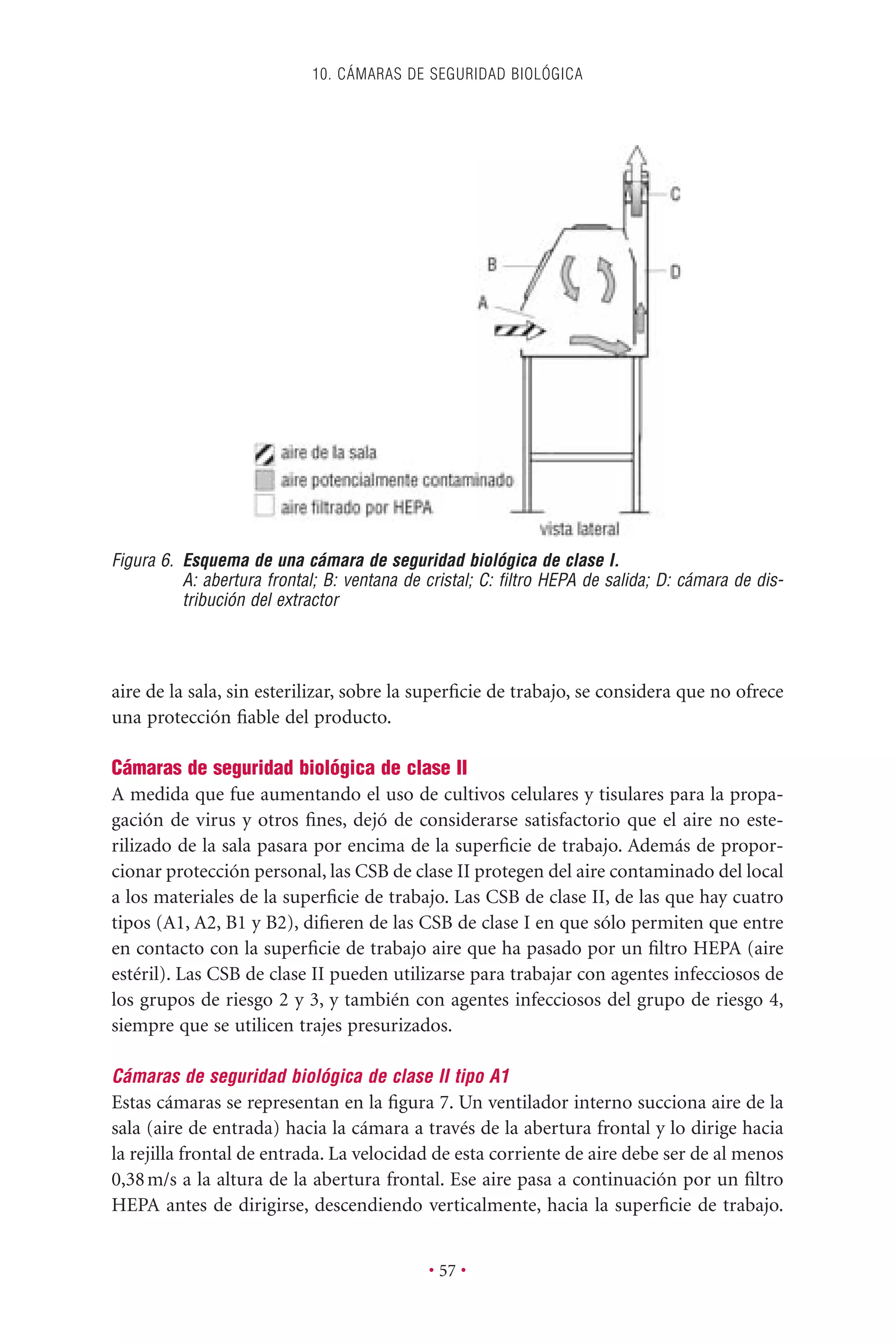 aire de la sala, sin esterilizar, sobre la superﬁcie de trabajo, se considera que no ofrece
una protección ﬁable del producto.
Cámaras de seguridad biológica de clase II
A medida que fue aumentando el uso de cultivos celulares y tisulares para la propa-
gación de virus y otros ﬁnes, dejó de considerarse satisfactorio que el aire no este-
rilizado de la sala pasara por encima de la superﬁcie de trabajo. Además de propor-
cionar protección personal, las CSB de clase II protegen del aire contaminado del local
a los materiales de la superﬁcie de trabajo. Las CSB de clase II, de las que hay cuatro
tipos (A1, A2, B1 y B2), diﬁeren de las CSB de clase I en que sólo permiten que entre
en contacto con la superﬁcie de trabajo aire que ha pasado por un ﬁltro HEPA (aire
estéril). Las CSB de clase II pueden utilizarse para trabajar con agentes infecciosos de
los grupos de riesgo 2 y 3, y también con agentes infecciosos del grupo de riesgo 4,
siempre que se utilicen trajes presurizados.
Cámaras de seguridad biológica de clase II tipo A1
Estas cámaras se representan en la ﬁgura 7. Un ventilador interno succiona aire de la
sala (aire de entrada) hacia la cámara a través de la abertura frontal y lo dirige hacia
la rejilla frontal de entrada. La velocidad de esta corriente de aire debe ser de al menos
0,38m/s a la altura de la abertura frontal. Ese aire pasa a continuación por un ﬁltro
HEPA antes de dirigirse, descendiendo verticalmente, hacia la superﬁcie de trabajo.
10. CÁMARAS DE SEGURIDAD BIOLÓGICA
• 57 •
Figura 6. Esquema de una cámara de seguridad biológica de clase I.
A: abertura frontal; B: ventana de cristal; C: ﬁltro HEPA de salida; D: cámara de dis-
tribución del extractor
 