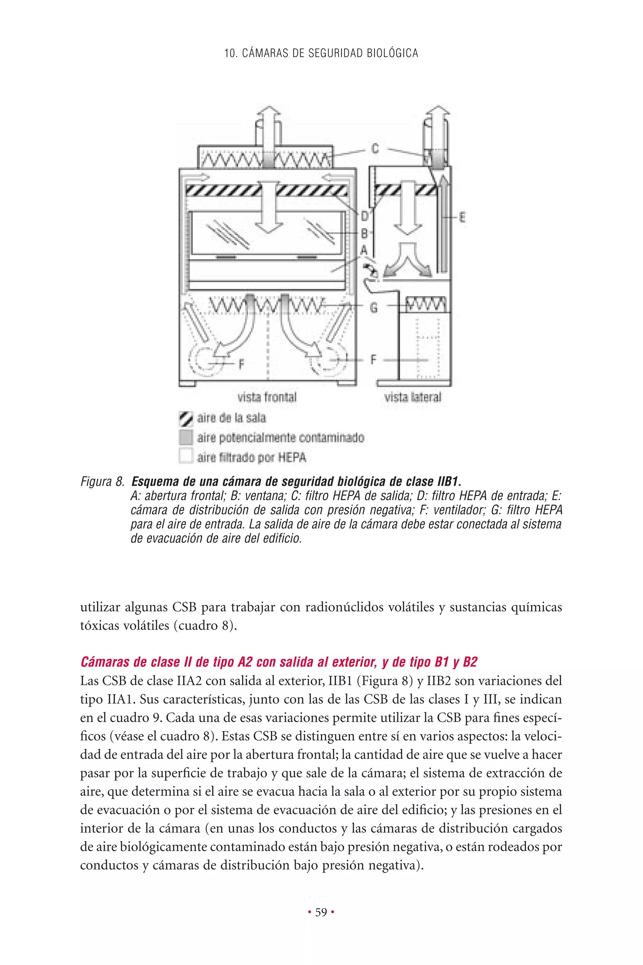 utilizar algunas CSB para trabajar con radionúclidos volátiles y sustancias químicas
tóxicas volátiles (cuadro 8).
Cámaras de clase II de tipo A2 con salida al exterior, y de tipo B1 y B2
Las CSB de clase IIA2 con salida al exterior, IIB1 (Figura 8) y IIB2 son variaciones del
tipo IIA1. Sus características, junto con las de las CSB de las clases I y III, se indican
en el cuadro 9. Cada una de esas variaciones permite utilizar la CSB para ﬁnes especí-
ﬁcos (véase el cuadro 8). Estas CSB se distinguen entre sí en varios aspectos: la veloci-
dad de entrada del aire por la abertura frontal; la cantidad de aire que se vuelve a hacer
pasar por la superﬁcie de trabajo y que sale de la cámara; el sistema de extracción de
aire, que determina si el aire se evacua hacia la sala o al exterior por su propio sistema
de evacuación o por el sistema de evacuación de aire del ediﬁcio; y las presiones en el
interior de la cámara (en unas los conductos y las cámaras de distribución cargados
de aire biológicamente contaminado están bajo presión negativa, o están rodeados por
conductos y cámaras de distribución bajo presión negativa).
10. CÁMARAS DE SEGURIDAD BIOLÓGICA
• 59 •
Figura 8. Esquema de una cámara de seguridad biológica de clase IIB1.
A: abertura frontal; B: ventana; C: ﬁltro HEPA de salida; D: ﬁltro HEPA de entrada; E:
cámara de distribución de salida con presión negativa; F: ventilador; G: ﬁltro HEPA
para el aire de entrada. La salida de aire de la cámara debe estar conectada al sistema
de evacuación de aire del ediﬁcio.
 