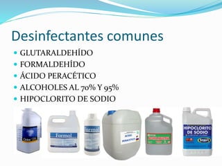 Desinfectantes comunes
 GLUTARALDEHÍDO
 FORMALDEHÍDO
 ÁCIDO PERACÉTICO
 ALCOHOLES AL 70% Y 95%
 HIPOCLORITO DE SODIO
 