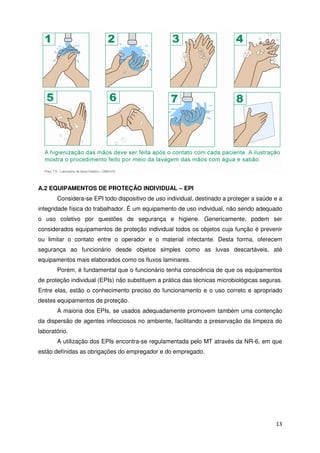 A.2 EQUIPAMENTOS DE PROTEÇÃO INDIVIDUAL – EPI
       Considera-se EPI todo dispositivo de uso individual, destinado a proteger a saúde e a
integridade física do trabalhador. É um equipamento de uso individual, não sendo adequado
o uso coletivo por questões de segurança e higiene. Genericamente, podem ser
considerados equipamentos de proteção individual todos os objetos cuja função é prevenir
ou limitar o contato entre o operador e o material infectante. Desta forma, oferecem
segurança ao funcionário desde objetos simples como as luvas descartáveis, até
equipamentos mais elaborados como os fluxos laminares.
       Porém, é fundamental que o funcionário tenha consciência de que os equipamentos
de proteção individual (EPIs) não substituem a prática das técnicas microbiológicas seguras.
Entre elas, estão o conhecimento preciso do funcionamento e o uso correto e apropriado
destes equipamentos de proteção.
       A maioria dos EPIs, se usados adequadamente promovem também uma contenção
da dispersão de agentes infecciosos no ambiente, facilitando a preservação da limpeza do
laboratório.
       A utilização dos EPIs encontra-se regulamentada pelo MT através da NR-6, em que
estão definidas as obrigações do empregador e do empregado.




                                                                                         13
 