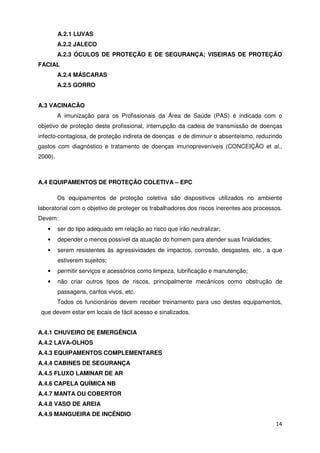 A.2.1 LUVAS
         A.2.2 JALECO
         A.2.3 ÓCULOS DE PROTEÇÃO E DE SEGURANÇA; VISEIRAS DE PROTEÇÃO
FACIAL
         A.2.4 MÁSCARAS
         A.2.5 GORRO


A.3 VACINACÃO
         A imunização para os Profissionais da Área de Saúde (PAS) é indicada com o
objetivo de proteção deste profissional, interrupção da cadeia de transmissão de doenças
infecto-contagiosa, de proteção indireta de doenças e de diminuir o absenteísmo, reduzindo
gastos com diagnóstico e tratamento de doenças imunopreveníveis (CONCEIÇÃO et al.,
2000).



A.4 EQUIPAMENTOS DE PROTEÇÃO COLETIVA – EPC

         Os equipamentos de proteção coletiva são dispositivos utilizados no ambiente
laboratorial com o objetivo de proteger os trabalhadores dos riscos inerentes aos processos.
Devem:
   •     ser do tipo adequado em relação ao risco que irão neutralizar;
   •     depender o menos possível da atuação do homem para atender suas finalidades;
   •     serem resistentes às agressividades de impactos, corrosão, desgastes, etc., a que
         estiverem sujeitos;
   •     permitir serviços e acessórios como limpeza, lubrificação e manutenção;
   •     não criar outros tipos de riscos, principalmente mecânicos como obstrução de
         passagens, cantos vivos, etc.
         Todos os funcionários devem receber treinamento para uso destes equipamentos,
 que devem estar em locais de fácil acesso e sinalizados.


A.4.1 CHUVEIRO DE EMERGÊNCIA
A.4.2 LAVA-OLHOS
A.4.3 EQUIPAMENTOS COMPLEMENTARES
A.4.4 CABINES DE SEGURANÇA
A.4.5 FLUXO LAMINAR DE AR
A.4.6 CAPELA QUÍMICA NB
A.4.7 MANTA OU COBERTOR
A.4.8 VASO DE AREIA
A.4.9 MANGUEIRA DE INCÊNDIO
                                                                                         14
 