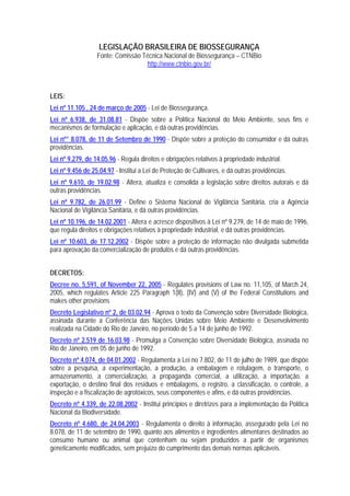 LEGISLAÇÃO BRASILEIRA DE BIOSSEGURANÇA
Fonte: Comissão Técnica Nacional de Biossegurança – CTNBio
http://www.ctnbio.gov.br/
LEIS:
Lei nº 11.105 , 24 de março de 2005 - Lei de Biossegurança.
Lei nº 6.938, de 31.08.81 - Dispõe sobre a Política Nacional do Meio Ambiente, seus fins e
mecanismos de formulação e aplicação, e dá outras providências.
Lei nº° 8.078, de 11 de Setembro de 1990 - Dispõe sobre a proteção do consumidor e dá outras
providências.
Lei nº 9.279, de 14.05.96 - Regula direitos e obrigações relativos à propriedade industrial.
Lei nº 9.456 de 25.04.97 - Institui a Lei de Proteção de Cultivares, e dá outras providências.
Lei nº 9.610, de 19.02.98 - Altera, atualiza e consolida a legislação sobre direitos autorais e dá
outras providências.
Lei nº 9.782, de 26.01.99 - Define o Sistema Nacional de Vigilância Sanitária, cria a Agência
Nacional de Vigilância Sanitária, e dá outras providências.
Lei nº 10.196, de 14.02.2001 - Altera e acresce dispositivos à Lei nº 9.279, de 14 de maio de 1996,
que regula direitos e obrigações relativos à propriedade industrial, e dá outras providências.
Lei nº 10.603, de 17.12.2002 - Dispõe sobre a proteção de informação não divulgada submetida
para aprovação da comercialização de produtos e dá outras providências.
DECRETOS:
Decree no. 5,591, of November 22, 2005 - Regulates provisions of Law no. 11,105, of March 24,
2005, which regulates Article 225 Paragraph 1(II), (IV) and (V) of the Federal Constitutions and
makes other provisions
Decreto Legislativo nº 2, de 03.02.94 - Aprova o texto da Convenção sobre Diversidade Biológica,
assinada durante a Conferência das Nações Unidas sobre Meio Ambiente e Desenvolvimento
realizada na Cidade do Rio de Janeiro, no período de 5 a 14 de junho de 1992.
Decreto nº 2.519 de 16.03.98 - Promulga a Convenção sobre Diversidade Biológica, assinada no
Rio de Janeiro, em 05 de junho de 1992.
Decreto nº 4.074, de 04.01.2002 - Regulamenta a Lei no 7.802, de 11 de julho de 1989, que dispõe
sobre a pesquisa, a experimentação, a produção, a embalagem e rotulagem, o transporte, o
armazenamento, a comercialização, a propaganda comercial, a utilização, a importação, a
exportação, o destino final dos resíduos e embalagens, o registro, a classificação, o controle, a
inspeção e a fiscalização de agrotóxicos, seus componentes e afins, e dá outras providências.
Decreto nº 4.339, de 22.08.2002 - Institui princípios e diretrizes para a implementação da Política
Nacional da Biodiversidade.
Decreto nº 4.680, de 24.04.2003 - Regulamenta o direito à informação, assegurado pela Lei no
8.078, de 11 de setembro de 1990, quanto aos alimentos e ingredientes alimentares destinados ao
consumo humano ou animal que contenham ou sejam produzidos a partir de organismos
geneticamente modificados, sem prejuízo do cumprimento das demais normas aplicáveis.
 