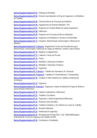 Norma Regulamentadora Nº 03 - Embargo ou Interdição
Norma Regulamentadora Nº 04 - Serviços Especializados em Eng. de Segurança e em Medicina
do Trabalho.
Norma Regulamentadora Nº 05 - Comissão Interna de Prevenção de Acidentes.
Norma Regulamentadora Nº 06 - Equipamentos de Proteção Individual - EPI
Norma Regulamentadora Nº 07 - Programas de Controle Médico de Saúde Ocupacional
Norma Regulamentadora Nº 08 - Edificações
Norma Regulamentadora Nº 09 - Programas de Prevenção de Riscos Ambientais
Norma Regulamentadora Nº 10 - Segurança em Instalações e Serviços em Eletricidade
Norma Regulamentadora Nº 11- Transporte, Movimentação, Armazenagem e Manuseio de
Materiais
Norma Regulamentadora Nº 11 Anexo I - Regulamento Técnico de Procedimentos para
Movimentação, Armazenagem e Manuseio de Chapas de Mármore, Granito e outras Rochas
Norma Regulamentadora Nº 12 - Máquinas e Equipamentos
Norma Regulamentadora Nº 13 - Caldeiras e Vasos de Pressão
Norma Regulamentadora Nº 14 - Fornos
Norma Regulamentadora Nº 15 - Atividades e Operações Insalubres
Norma Regulamentadora Nº 16 - Atividades e Operações Perigosas
Norma Regulamentadora Nº 17 - Ergonomia
Norma Regulamentadora Nº 17 Anexo I - Trabalho dos Operadores de Checkouts
Norma Regulamentadora Nº 17 Anexo II - Trabalho em Teleatendimento / Telemarketing
Norma Regulamentadora Nº 18 - Condições e Meio Ambiente de Trabalho na Indústria da
Construção
Norma Regulamentadora Nº 19 - Explosivos
Norma Regulamentadora Nº 19 Anexo I - Segurança e Saúde na Indústria de Fogos de Artifício e
outros Artefatos Pirotécnicos
Norma Regulamentadora Nº 20 - Líquidos Combustíveis e Inflamáveis
Norma Regulamentadora Nº 21 - Trabalho a Céu Aberto
Norma Regulamentadora Nº 22 - Segurança e Saúde Ocupacional na Mineração
Norma Regulamentadora Nº 23 - Proteção Contra Incêndios
Norma Regulamentadora Nº 24 - Condições Sanitárias e de Conforto nos Locais de Trabalho
Norma Regulamentadora Nº 25 - Resíduos Industriais
Norma Regulamentadora Nº 26 - Sinalização de Segurança
Norma Regulamentadora Nº 27 - Revogada pela Portaria GM n.º 262, 29/05/2008 Registro
Profissional do Técnico de Segurança do Trabalho no MTB
Norma Regulamentadora Nº 28 - Fiscalização e Penalidades
 