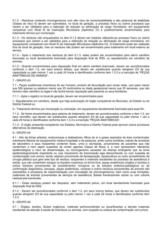 6.1.2 - Resíduos contendo microrganismos com alto risco de transmissibilidade e alto potencial de letalidade
(Classe de risco 4) devem ser submetidos, no local de geração, a processo físico ou outros processos que
vierem a ser validados para a obtenção de redução ou eliminação da carga microbiana, em equipamento
compatível com Nível III de Inativação Microbiana (Apêndice IV) e posteriormente encaminhados para
tratamento térmico por incineração.
6.1.3 - Os resíduos não enquadrados no item 6.1.2 devem ser tratados utilizando-se processo físico ou outros
processos que vierem a ser validados para a obtenção de redução ou eliminação da carga microbiana, em
equipamento compatível com Nível III de Inativação Microbiana (Apêndice IV). O tratamento pode ser realizado
fora do local de geração, mas os resíduos não podem ser encaminhados para tratamento em local externo ao
serviço.
6.1.4 - Após o tratamento dos resíduos do item 6.1.3, estes podem ser encaminhados para aterro sanitário
licenciado ou local devidamente licenciado para disposição final de RSS, ou sepultamento em cemitério de
animais.
6.1.5 - Quando encaminhados para disposição final em aterro sanitário licenciado, devem ser acondicionados
conforme o item 1.2, em saco branco leitoso, que devem ser substituídos quando atingirem 2/3 de sua
capacidade ou pelo menos 1 vez a cada 24 horas e identificados conforme item 1.3.3 e a inscrição de “PEÇAS
ANATÔMICAS DE ANIMAIS”.
7 - GRUPO A3
7.1 - Peças anatômicas (membros) do ser humano; produto de fecundação sem sinais vitais, com peso menor
que 500 gramas ou estatura menor que 25 centímetros ou idade gestacional menor que 20 semanas, que não
tenham valor científico ou legal e não tenha havido requisição pelo paciente ou seus familiares.
7.1.1 - Após o registro no local de geração, devem ser encaminhados para:
I - Sepultamento em cemitério, desde que haja autorização do órgão competente do Município, do Estado ou do
Distrito Federal ou;
II - Tratamento térmico por incineração ou cremação, em equipamento devidamente licenciado para esse fim.
7.1.2 - Se forem encaminhados para sistema de tratamento, devem ser acondicionados conforme o item 1.2, em
saco vermelho, que devem ser substituídos quando atingirem 2/3 de sua capacidade ou pelo menos 1 vez a
cada 24 horas e identificados conforme item 1.3.3 e a inscrição “PEÇAS ANATÔMICAS”.
7.1.3 - O órgão ambiental competente nos Estados, Municípios e Distrito Federal pode aprovar outros processos
alternativos de destinação.
8 - GRUPO A4
8.1 - Kits de linhas arteriais, endovenosas e dialisadores; filtros de ar e gases aspirados de área contaminada;
membrana filtrante de equipamento médico-hospitalar e de pesquisa, entre outros similares; sobras de amostras
de laboratório e seus recipientes contendo fezes, urina e secreções, provenientes de pacientes que não
contenham e nem sejam suspeitos de conter agentes Classe de Risco 4, e nem apresentem relevância
epidemiológica e risco de disseminação, ou microrganismo causador de doença emergente que se torne
epidemiologicamente importante ou cujo mecanismo de transmissão seja desconhecido ou com suspeita de
contaminação com príons; tecido adiposo proveniente de lipoaspiração, lipoescultura ou outro procedimento de
cirurgia plástica que gere este tipo de resíduo; recipientes e materiais resultantes do processo de assistência à
saúde, que não contenham sangue ou líquidos corpóreos na forma livre; peças anatômicas (órgãos e tecidos) e
outros resíduos provenientes de procedimentos cirúrgicos ou de estudos anátomo-patológicos ou de
confirmação diagnóstica; carcaças, peças anatômicas, vísceras e outros resíduos provenientes de animais não
submetidos a processos de experimentação com inoculação de microorganismos, bem como suas forrações;
cadáveres de animais provenientes de serviços de assistência; Bolsas transfusionais vazias ou com volume
residual pós-transfusão.
8.1.1 - Estes resíduos podem ser dispostos, sem tratamento prévio, em local devidamente licenciado para
disposição final de RSS.
8.1.2 - Devem ser acondicionados conforme o item 1.2, em saco branco leitoso, que devem ser substituídos
quando atingirem 2/3 de sua capacidade ou pelo menos 1 vez a cada 24 horas e identificados conforme item
1.3.3.
9 - GRUPO A5
9.1 - Órgãos, tecidos, fluidos orgânicos, materiais perfurocortantes ou escarificantes e demais materiais
resultantes da atenção à saúde de indivíduos ou animais, com suspeita ou certeza de contaminação com príons.
 