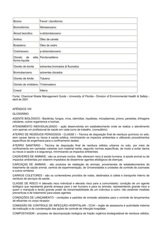 Bromo Fenol / clorofórmio
Bromofórmio Nitrobenzeno
Álcool benzílico o-diclorobenzeno
Anilina Óleo de canela
Butadieno Óleo de cedro
Ciclohexano p-diclorobenzeno
Cloreto de etila,
forma líquida
Percloroetileno
Cloreto de tionila solventes bromados & fluorados
Bromobenzeno solventes clorados
Cloreto de Amila Tolueno
Cloreto de vinilideno Tricloroeteno
Cresol Xileno
Fonte: Chemical Waste Management Guide - University of Florida - Division of Environmental Health & Safety -
abril de 2001
APÊNDICE VIII
GLOSSÁRIO
AGENTE BIOLÓGICO - Bactérias, fungos, vírus, clamídias, riquétsias, micoplasmas, prions, parasitas, linhagens
celulares, outros organismos e toxinas.
ATENDIMENTO INDIVIDUALIZADO - ação desenvolvida em estabelecimento onde se realiza o atendimento
com apenas um profissional de saúde em cada turno de trabalho. (consultório)
ATERRO DE RESÍDUOS PERIGOSOS - CLASSE I - Técnica de disposição final de resíduos químicos no solo,
sem causar danos ou riscos à saúde pública, minimizando os impactos ambientais e utilizando procedimentos
específicos de engenharia para o confinamento destes.
ATERRO SANITÁRIO - Técnica de disposição final de resíduos sólidos urbanos no solo, por meio de
confinamento em camadas cobertas com material inerte, segundo normas específicas, de modo a evitar danos
ou riscos à saúde e à segurança, minimizando os impactos ambientais.
CADÁVERES DE ANIMAIS : são os animais mortos. Não oferecem risco à saúde humana, à saúde animal ou de
impactos ambientais por estarem impedidos de disseminar agentes etiológicos de doenças.
CARCAÇAS DE ANIMAIS : são produtos de retaliação de animais, provenientes de estabelecimentos de
tratamento de saúde animal, centros de experimentação, de Universidades e unidades de controle de zoonoses
e outros similares
CARROS COLETORES - são os contenedores providos de rodas, destinados à coleta e transporte interno de
resíduos de serviços de saúde .
CLASSE DE RISCO 4 (elevado risco individual e elevado risco para a comunidade): condição de um agente
biológico que representa grande ameaça para o ser humano e para os animais, representando grande risco a
quem o manipula e tendo grande poder de transmissibilidade de um indivíduo a outro, não existindo medidas
preventivas e de tratamento para esses agentes.
CONDIÇÕES DE LANÇAMENTO - condições e padrões de emissão adotados para o controle de lançamentos
de efluentes no corpo receptor.
COMISSÃO DE CONTROLE DE INFECÇÃO HOSPITALAR - CCIH - órgão de assessoria à autoridade máxima
da instituição e de coordenação das ações de controle de infecção hospitalar.
COMPOSTAGEM - processo de decomposição biológica de fração orgânica biodegradável de resíduos sólidos,
 
