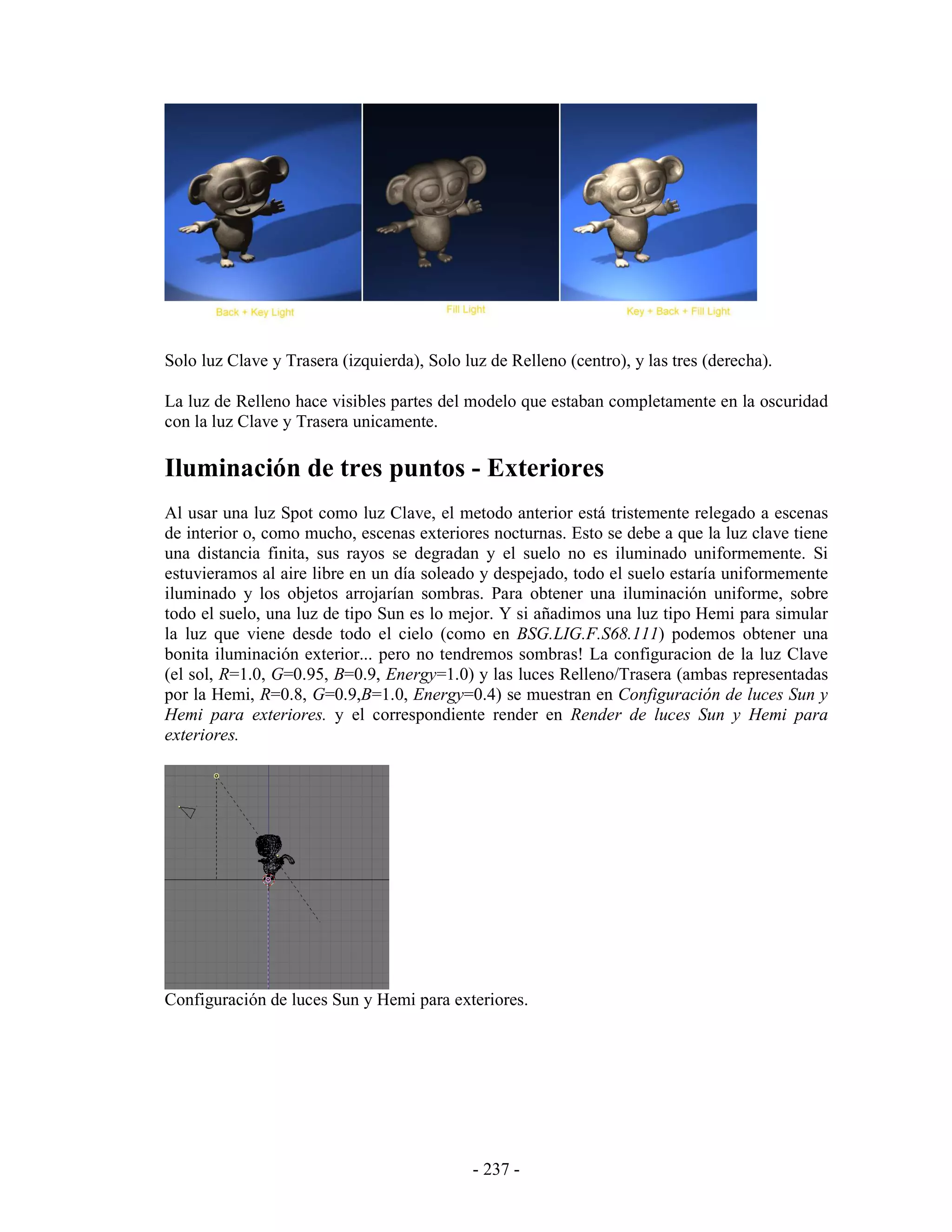 Solo luz Clave y Trasera (izquierda), Solo luz de Relleno (centro), y las tres (derecha).

La luz de Relleno hace visibles partes del modelo que estaban completamente en la oscuridad
con la luz Clave y Trasera unicamente.

Iluminación de tres puntos - Exteriores
Al usar una luz Spot como luz Clave, el metodo anterior está tristemente relegado a escenas
de interior o, como mucho, escenas exteriores nocturnas. Esto se debe a que la luz clave tiene
una distancia finita, sus rayos se degradan y el suelo no es iluminado uniformemente. Si
estuvieramos al aire libre en un día soleado y despejado, todo el suelo estaría uniformemente
iluminado y los objetos arrojarían sombras. Para obtener una iluminación uniforme, sobre
todo el suelo, una luz de tipo Sun es lo mejor. Y si añadimos una luz tipo Hemi para simular
la luz que viene desde todo el cielo (como en BSG.LIG.F.S68.111) podemos obtener una
bonita iluminación exterior... pero no tendremos sombras! La configuracion de la luz Clave
(el sol, R=1.0, G=0.95, B=0.9, Energy=1.0) y las luces Relleno/Trasera (ambas representadas
por la Hemi, R=0.8, G=0.9,B=1.0, Energy=0.4) se muestran en Configuración de luces Sun y
Hemi para exteriores. y el correspondiente render en Render de luces Sun y Hemi para
exteriores.




Configuración de luces Sun y Hemi para exteriores.




                                             - 237 -
 