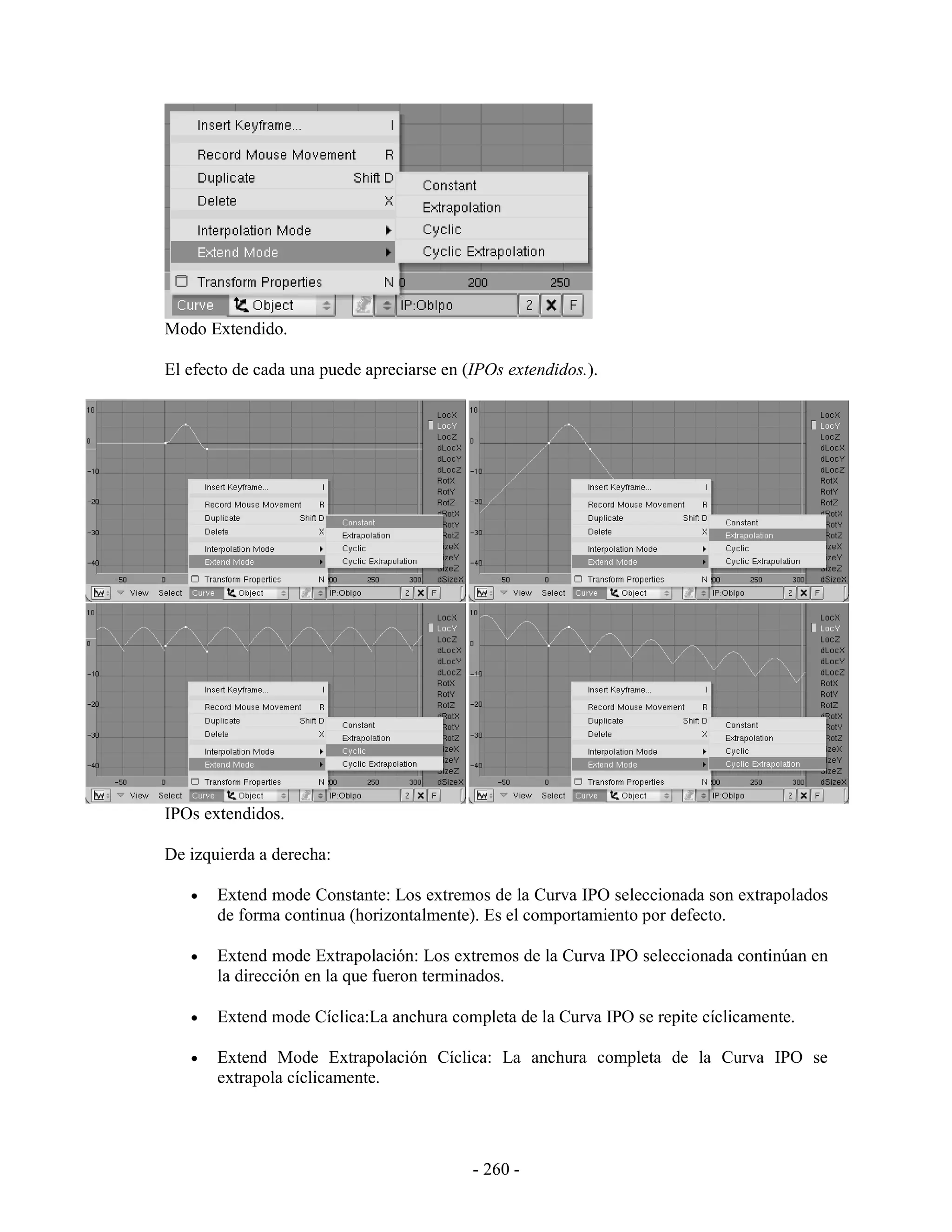 Modo Extendido.

El efecto de cada una puede apreciarse en (IPOs extendidos.).




IPOs extendidos.

De izquierda a derecha:

   •   Extend mode Constante: Los extremos de la Curva IPO seleccionada son extrapolados
       de forma continua (horizontalmente). Es el comportamiento por defecto.

   •   Extend mode Extrapolación: Los extremos de la Curva IPO seleccionada continúan en
       la dirección en la que fueron terminados.

   •   Extend mode Cíclica:La anchura completa de la Curva IPO se repite cíclicamente.

   •   Extend Mode Extrapolación Cíclica: La anchura completa de la Curva IPO se
       extrapola cíclicamente.




                                           - 260 -
 