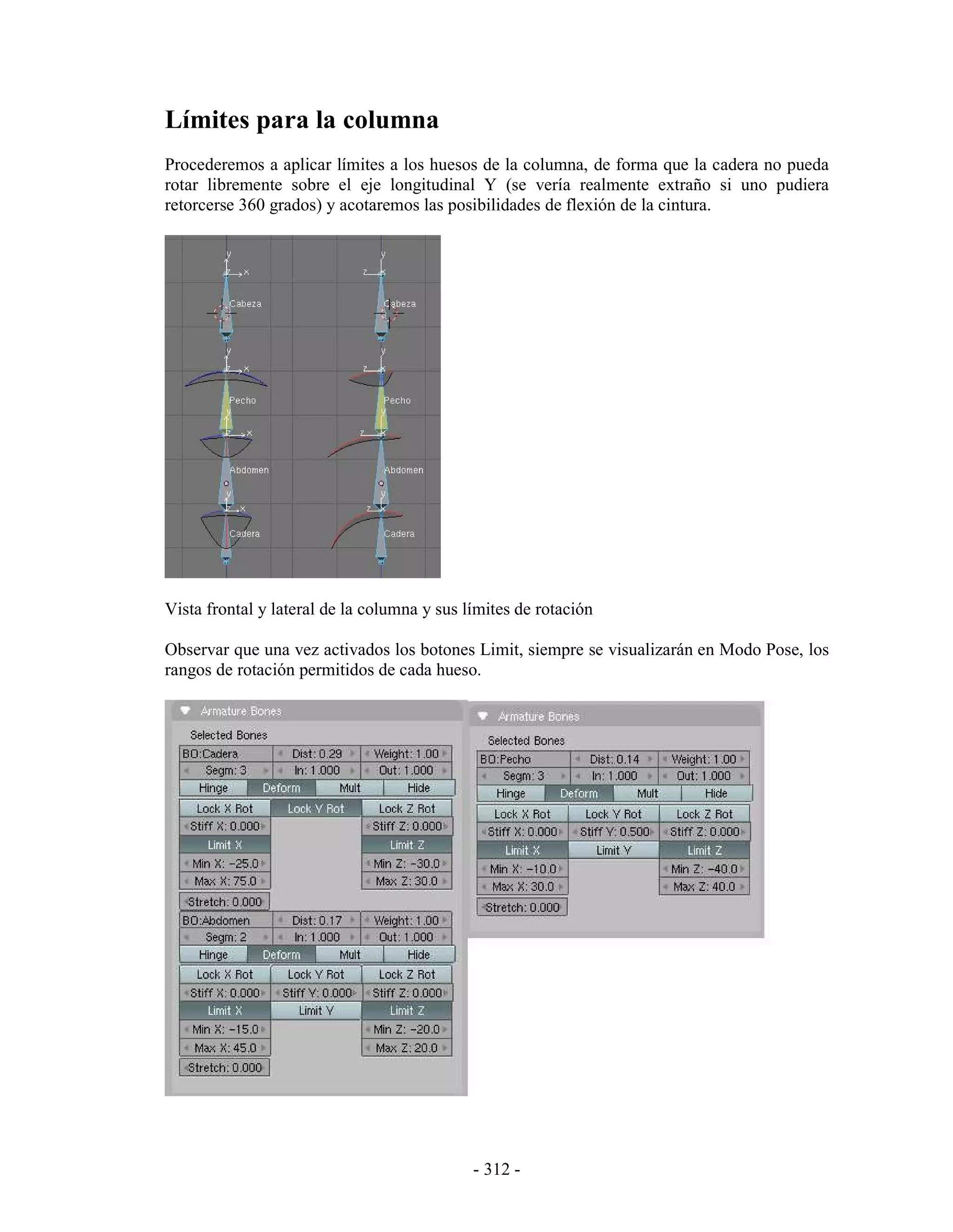 Límites para la columna
Procederemos a aplicar límites a los huesos de la columna, de forma que la cadera no pueda
rotar libremente sobre el eje longitudinal Y (se vería realmente extraño si uno pudiera
retorcerse 360 grados) y acotaremos las posibilidades de flexión de la cintura.




Vista frontal y lateral de la columna y sus límites de rotación

Observar que una vez activados los botones Limit, siempre se visualizarán en Modo Pose, los
rangos de rotación permitidos de cada hueso.




                                             - 312 -
 