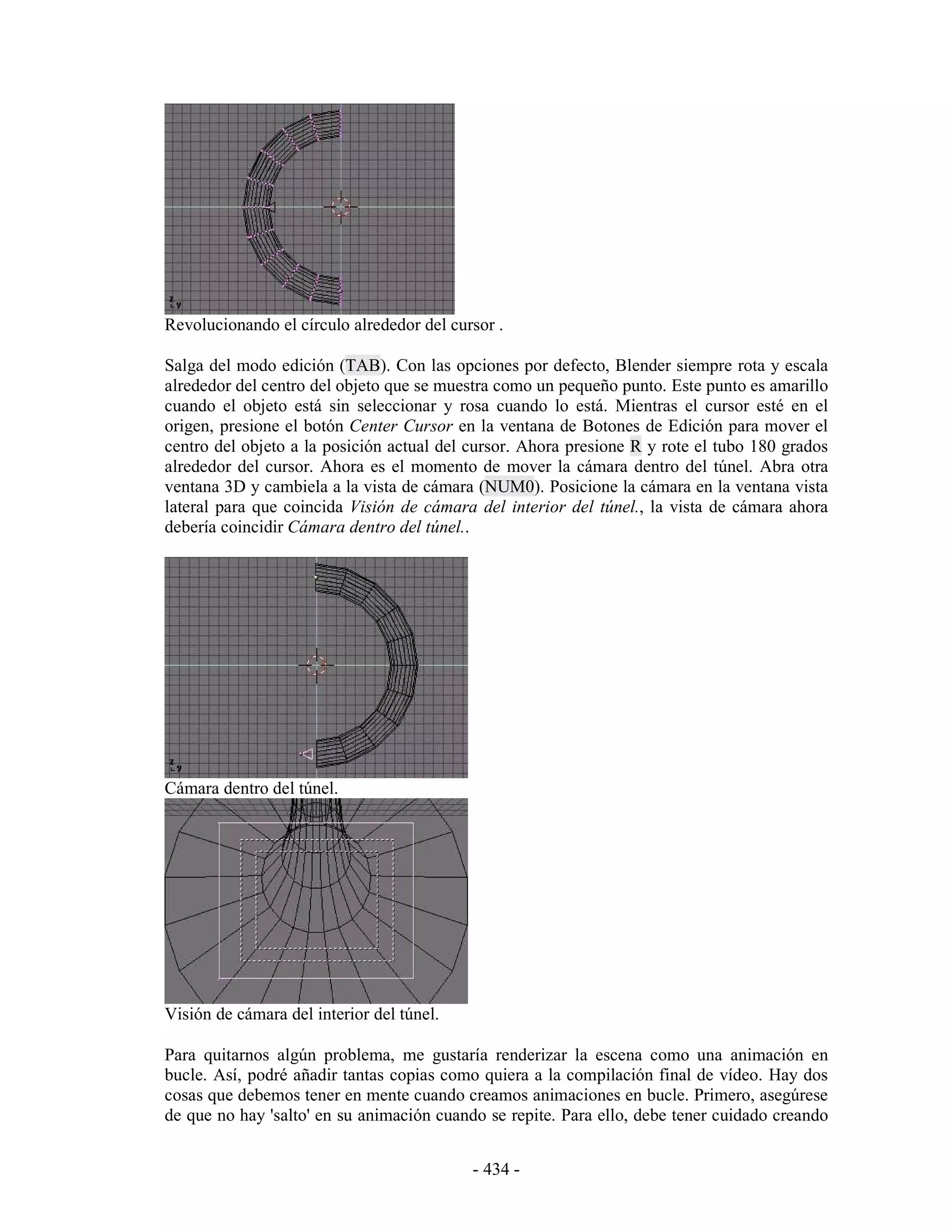 Revolucionando el círculo alrededor del cursor .

Salga del modo edición (TAB). Con las opciones por defecto, Blender siempre rota y escala
alrededor del centro del objeto que se muestra como un pequeño punto. Este punto es amarillo
cuando el objeto está sin seleccionar y rosa cuando lo está. Mientras el cursor esté en el
origen, presione el botón Center Cursor en la ventana de Botones de Edición para mover el
centro del objeto a la posición actual del cursor. Ahora presione R y rote el tubo 180 grados
alrededor del cursor. Ahora es el momento de mover la cámara dentro del túnel. Abra otra
ventana 3D y cambiela a la vista de cámara (NUM0). Posicione la cámara en la ventana vista
lateral para que coincida Visión de cámara del interior del túnel., la vista de cámara ahora
debería coincidir Cámara dentro del túnel..




Cámara dentro del túnel.




Visión de cámara del interior del túnel.

Para quitarnos algún problema, me gustaría renderizar la escena como una animación en
bucle. Así, podré añadir tantas copias como quiera a la compilación final de vídeo. Hay dos
cosas que debemos tener en mente cuando creamos animaciones en bucle. Primero, asegúrese
de que no hay 'salto' en su animación cuando se repite. Para ello, debe tener cuidado creando


                                           - 434 -
 