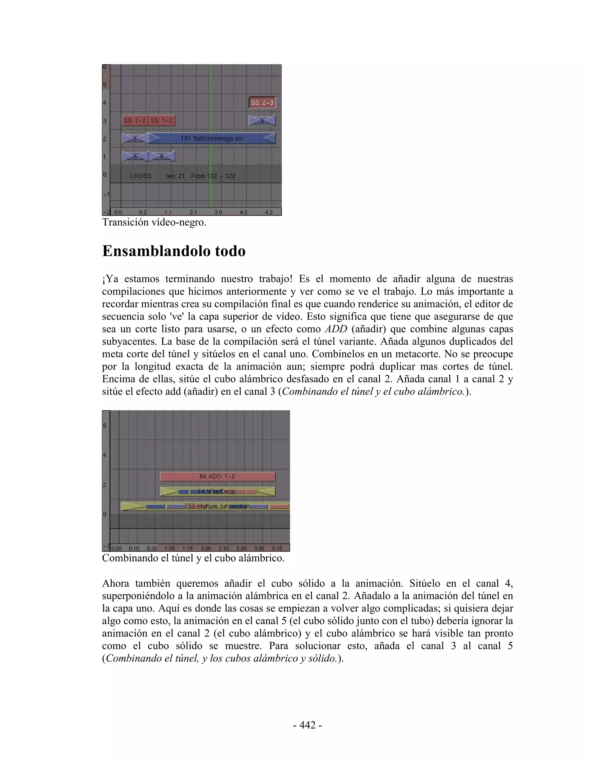 Transición vídeo-negro.

Ensamblandolo todo
¡Ya estamos terminando nuestro trabajo! Es el momento de añadir alguna de nuestras
compilaciones que hicimos anteriormente y ver como se ve el trabajo. Lo más importante a
recordar mientras crea su compilación final es que cuando renderice su animación, el editor de
secuencia solo 've' la capa superior de vídeo. Esto significa que tiene que asegurarse de que
sea un corte listo para usarse, o un efecto como ADD (añadir) que combine algunas capas
subyacentes. La base de la compilación será el túnel variante. Añada algunos duplicados del
meta corte del túnel y sitúelos en el canal uno. Combinelos en un metacorte. No se preocupe
por la longitud exacta de la animación aun; siempre podrá duplicar mas cortes de túnel.
Encima de ellas, sitúe el cubo alámbrico desfasado en el canal 2. Añada canal 1 a canal 2 y
sitúe el efecto add (añadir) en el canal 3 (Combinando el túnel y el cubo alámbrico.).




Combinando el túnel y el cubo alámbrico.

Ahora también queremos añadir el cubo sólido a la animación. Sitúelo en el canal 4,
superponiéndolo a la animación alámbrica en el canal 2. Añadalo a la animación del túnel en
la capa uno. Aquí es donde las cosas se empiezan a volver algo complicadas; si quisiera dejar
algo como esto, la animación en el canal 5 (el cubo sólido junto con el tubo) debería ignorar la
animación en el canal 2 (el cubo alámbrico) y el cubo alámbrico se hará visible tan pronto
como el cubo sólido se muestre. Para solucionar esto, añada el canal 3 al canal 5
(Combinando el túnel, y los cubos alámbrico y sólido.).




                                            - 442 -
 