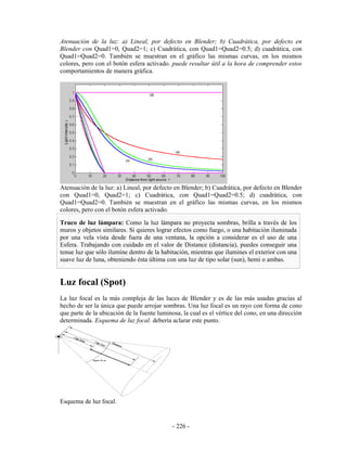 Atenuación de la luz: a) Lineal, por defecto en Blender; b) Cuadrática, por defecto en
Blender con Quad1=0, Quad2=1; c) Cuadrática, con Quad1=Quad2=0.5; d) cuadrática, con
Quad1=Quad2=0. También se muestran en el gráfico las mismas curvas, en los mismos
colores, pero con el botón esfera activado. puede resultar útil a la hora de comprender estos
comportamientos de manera gráfica.




Atenuación de la luz: a) Lineal, por defecto en Blender; b) Cuadrática, por defecto en Blender
con Quad1=0, Quad2=1; c) Cuadrática, con Quad1=Quad2=0.5; d) cuadrática, con
Quad1=Quad2=0. También se muestran en el gráfico las mismas curvas, en los mismos
colores, pero con el botón esfera activado.

Truco de luz lámpara: Como la luz lámpara no proyecta sombras, brilla a través de los
muros y objetos similares. Si quieres lograr efectos como fuego, o una habitación iluminada
por una vela vista desde fuera de una ventana, la opción a considerar es el uso de una
Esfera. Trabajando con cuidado en el valor de Distance (distancia), puedes conseguir una
tenue luz que sólo ilumine dentro de la habitación, mientras que ilumines el exterior con una
suave luz de luna, obteniendo ésta última con una luz de tipo solar (sun), hemi o ambas.


Luz focal (Spot)
La luz focal es la más compleja de las luces de Blender y es de las más usadas gracias al
hecho de ser la única que puede arrojar sombras. Una luz focal es un rayo con forma de cono
que parte de la ubicación de la fuente luminosa, la cual es el vértice del cono, en una dirección
determinada. Esquema de luz focal. debería aclarar este punto.




Esquema de luz focal.


                                             - 226 -
 