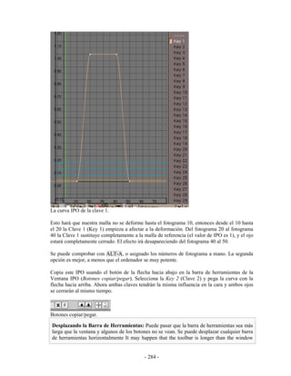 La curva IPO de la clave 1.

Esto hará que nuestra malla no se deforme hasta el fotograma 10, entonces desde el 10 hasta
el 20 la Clave 1 (Key 1) empieza a afectar a la deformación. Del fotograma 20 al fotograma
40 la Clave 1 sustituye completamente a la malla de referencia (el valor de IPO es 1), y el ojo
estará completamente cerrado. El efecto irá desapareciendo del fotograma 40 al 50.

Se puede comprobar con ALT-A, o asignado los números de fotograma a mano. La segunda
opción es mejor, a menos que el ordenador se muy potente.

Copia este IPO usando el botón de la flecha hacia abajo en la barra de herramientas de la
Ventana IPO (Botones copiar/pegar). Selecciona la Key 2 (Clave 2) y pega la curva con la
flecha hacia arriba. Ahora ambas claves tendrán la misma influencia en la cara y ambos ojos
se cerrarán al mismo tiempo.



Botones copiar/pegar.

Desplazando la Barra de Herramientas: Puede pasar que la barra de herramientas sea más
larga que la ventana y algunos de los botones no se vean. Se puede desplazar cualquier barra
de herramientas horizontalmente It may happen that the toolbar is longer than the window


                                            - 284 -
 
