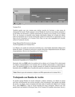Ventana NLA

También puedes usar esta ventana para realizar mezclas de Acciones y otras tareas de
Animación No Lineal. Puedes agregar y mover Bandas de Acción en una manera semejante a
la del Editor de Secuencias y generar transiciones de mezcla en las mismas. En la ventana
NLA, las Acciones se muestran como bandas individuales debajo de la banda del objeto;
todos los Keyframes de la Acción (incluyendo canales de restricción) se representan en una
linea (Acción Expandida en la Ventana NLA). Para ver una vista expandida de la Acción,
utiliza la Ventana de Acción.

Image:Manual-Part-IX-Action in nla.png
Acción Expandida en la Ventana NLA

Los Objetos con canales de restricción mostrarán una o más bandas adicionales debajo de la
banda del objeto. La banda de restricción se puede seleccionar independientemente del objeto
al que pertenece. (Restricción Expandida en la Ventana NLA).




Restricción Expandida en la Ventana NLA

Haciendo click con RMB sobre los nombres de los objetos en la Ventana NLA seleccionará
los objetos correspondientes en la Ventana 3D. Las bandas seleccionadas se representan en
azul y las deseleccionadas en rojo. Puedes eliminar los canales de restricción de los objetos
haciendo click con RMB sobre el nombre del canal de restricción y luego presionando X.


Nota: Observa que solo armatures u objetos con IPOs aparecerán en la ventana NLA.


Trabajando con Bandas de Acción
Se pueden agregar Bandas de Acción solamente a objetos Armature. Los objetos no tienen
que tener necesariamente una Acción asociada a ellos inicialmente. Para agregar una Banda
de acción a un objeto, mueve el puntero del ratón sobre el nombre del objeto en la Ventana
NLA, pulsa SHIFT-A y elige la Acción deseada del menú emergente. Observa que solo
puedes tener una banda de Acción por linea. En la Ventana NLA puedes seleccionar, mover y


                                           - 298 -
 