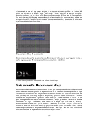 Ahora sabéis lo que hay que hacer: recargar el archivo de proyecto, cambiar a la ventana del
editor de secuencia y añadir tanto 'particles.avi' como 'logo.avi' a vuestro proyecto.
Combinelos juntos con un efecto MUL. Dado que la animación del logo son 50 frames y la de
las partículas son 100 frames, necesitará duplicar la animación del logo una vez y aplicar un
segundo efecto MUL en él. (Use dos veces el logo de la animación. y Animación de partículas
combinado con animación de logo.).




Use dos veces el logo de la animación.

Combine estos tres cortes en un metacorte. Si se ve con valor, puede hacer algunas copias y
darles algo de desfase de tiempo como hicimos con el cubo alámbrico.




Animación de partículas combinado con animación de logo.

Sexta animación: Haciendo zoom al logo
Si quisiera combinar todas sus animaciones, lo más que conseguiría sería una compilación de
vídeo realmente revuelta, pero si es la presentación de su compañía desearía presentar el logo
de una forma más reconocible. La parte final de nuestro montaje será hacer una animación del
logo que haga un zoom muy despacio. Preparelo y guárdelo como 'zoomlogo.avi'. Prepare
también una imágen blanca y guardela como 'white.tga'. Ahora usaremos el efecto CROSS
para hacer primero una rápida transición de blanco a negro, y después a blanco de nuestra
animación de logo. Finalmente, una transición a negro que concluirá el montaje.
Comenzaremos situando black.tga en el canal 1 y white.tga en el canal 2. Haga a los dos de 20
frames de duración. Seleccione ambos y aplique un efecto "cross". El efecto "cross" (cruce)
cambiará gradualmente la imagen resultante de la capa 1 a la capa 2. En este caso, el resultado
será una transición de negro a blanco (Transición negro-blanco.).


                                            - 440 -
 