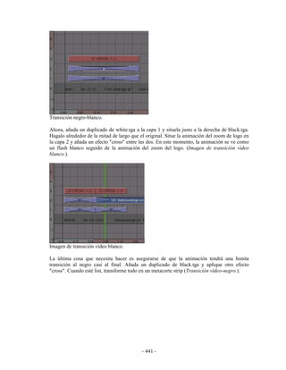 Transición negro-blanco.

Ahora, añada un duplicado de white.tga a la capa 1 y situela justo a la derecha de black.tga.
Hagalo alrededor de la mitad de largo que el original. Situe la animación del zoom de logo en
la capa 2 y añada un efecto "cross" entre las dos. En este momento, la animación se ve como
un flash blanco seguido de la animación del zoom del logo. (Imagen de transición vídeo
blanco.).




Imagen de transición vídeo blanco.

La última cosa que necesita hacer es asegurarse de que la animación tendrá una bonita
transición al negro casi al final. Añada un duplicado de black.tga y aplique otro efecto
"cross". Cuando esté list, transforme todo en un metacorte strip (Transición vídeo-negro.).




                                           - 441 -
 