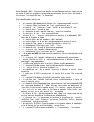 General de GNU (GPL). El desarrollo de Blender continúa hasta nuestros días conducido por
un equipo de valientes y dedicados voluntarios procedentes de diversas partes del mundo y
liderados por el creador de Blender, Ton Roosendaal.

Historia de Blender y hoja de ruta

   •   1.00 - enero de 1995 - Desarrollo de Blender en el estudio de animación NeoGeo.
   •   1.23 - enero de 1998 - Versión para SGI (IrisGL) publicada en la web.
   •   1.30 - abril de 1998 - Versión para Linux y FreeBSD, se porta a OpenGL y a X.
   •   1.3x - junio de 1998 - Creación de NaN.
   •   1.4x - septiembre de 1998 - Versión para Sun y Linux Alpha publicada.
   •   1.50 - noviembre de 1998 - Primer manual publicado.
   •   1.60 - abril de 1999 - C-key (nuevas caracteristicas necesitan ser desbloqueadas, $95),
       la version de Windows se libera.
   •   1.6x - junio de 1999 - Versión para BeOS y PPC publicada.
   •   1.80 - junio de 2000 - Fin de la C-key, Blender es totalmente gratuito de nuevo.
   •   2.00 - agosto de 2000 - Motor en tiempo-real y reproductor interactivo.
   •   2.10 - diciembre de 2000 - Nuevo motor, física y Python.
   •   2.20 - agosto de 2001 - Sistema de animación de personajes.
   •   2.21 - octubre de 2001 - Blender Publisher lanzado.
   •   2.2x - diciembre de 2001 - Versión para Mac OSX publicada.
   •   13 de octubre de 2002 - Blender se convierte en código abierto, primera Conferencia
       de Blender.
   •   2.25 - octubre de 2002 - Blender Publisher está de nuevo disponible gratuitamente.
   •   Tuhopuu1 - octubre de 2002 - Se crea la rama experimental de Blender, un lugar de
       pruebas para los programadores.
   •   2.26 - febrero de 2003 - La primera versión de Blender siendo código abierto.
   •   2.27 - mayo de 2003 - La segunda versión de Blender siendo código abierto.
   •   2.28x - julio de 2003 - La primera de las series 2.28x.
   •   2.30 - octubre de 2003 - En la segunda conferencia de Blender, la interfaz 2.3x es
       presentada.
   •   2.31 - diciembre de 2003 - Actualización a la interfaz de la versión 2.3x, ya que es
       estable.
   •   2.32 - enero de 2004 - Gran revisión de la capacidad del render interno.
   •   2.33 - abril de 2004 - Oclusión Ambiental, nuevos procedimientos de Texturas, ¡el
       motor de juego ha vuelto!.
   •   2.34 - agosto de 2004 - Grandes mejoras: Interacciones de Partículas, mapeado LSCM
       UV, integración funcional de YafRay, Pliegues compensados en Subdivisión de
       Superficies, Sombreado de Inclinación (Ramp), OSA completo y muchas muchas más.
   •   2.35 - noviembre de 2004 - Otra versión llena de mejoras: Object hooks, curve
       deforms and curve tapers, particle duplicators y mucho más.
   •   2.36 - febrero de 2005 - Versión más estable, más trabajo en la escena, pocas nuevas
       mejoras, mapeado Normal y de Desplazamiento, principalmente.
   •   2.37 - junio de 2005 - Un gran avance: herramientas de Transformación y controles,
       Softbodies, Force fields, deflections, incremental Subdivision Surfaces, sombras
       transparentes, y renderizado multihilo.
   •   2.40 - diciembre de 2005 - Un mayor avance: reescritura del sistema de esqueletos,
       teclas de formas, piel con partículas, fluidos y cuerpos rígidos.
   •   2.41 - enero de 2006 - Principalmente añadidos en el Motor de juego y correcciones.



                                            -4-
 