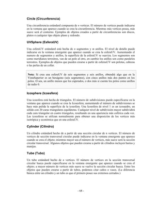 Circle (Circunferencia)

Una circunferencia estándard compuesta de n vertices. El número de vertices puede indicarse
en la ventana que aparece cuando se crea la circunferencia. Mientras más vertices posea, más
suave será el contorno. Ejemplos de objetos creados a partir de circunferencias son discos,
platos o cualquier tipo objeto plano y redondo.

UVSphere (EsferaUV)

Una esferaUV estándard está hecha de n segmentos y m anillos. El nivel de detalle puede
indicarse en la ventana emergente que aparece cuando se crea la esferaUV. Aumentando el
numero de segmentos y anillos, la superfície de la esferaUV se suaviza. Los segmentos son
como meridianos terrestres, van de un polo al otro, en cambio los anillos son como paralelos
terrestres. Ejemplos de objetos que pueden crearse a partir de esferasUV son pelotas, cabezas
o las perlas de un collar.


Nota: Si crea una esferaUV de seis segmentos y seis anillos, obtendrá algo que en la
VistaSuperior es un hexágono (seis segmentos), con cinco anillos más dos puntos en los
polos. O sea, un anillo menos que los esperados, o dos más si cuenta los polos como anillos
de radio 0.


Icosphere (Icoesfera)

Una icoesfera está hecha de triangulos. El número de subdivisiones puede especificarse en la
ventana que aparece cuando se crea la Icosesfera; aumentando el número de subdivisiones se
hace más pulida la superficie de la icoesfera. Una Icoesfera de nivel 1 es un icosaedro, un
sólido con 20 caras triangulares equiláteras. Cualquier nivel de subdivisión mayor subdividirá
cada cara triangular en cuatro triangulos, resultando en una apariencia más esférica cada vez.
Las icoesferas se utilizan normalmente para obtener una disposición de los vertices más
isotrópica y económica que en una esferaUV.

Cylinder (Cilindro)

Un cilindro estándard hecho de a partir de una sección circular de n vertices. El número de
vertices de sección transversal circular puede indicarse en la ventana emergente que aparece
cuando se crea el objeto; mientras mayor sea el número de vertices, más suave será la sección
circular transversal. Algunos objetos que pueden crearse a partir de cilindros incluyen barras y
manijas.

Tube (Tubo)

Un tubo estándard hecho de n vertices. El número de vertices en la sección transversal
circular hueca puede especificarse en la ventana emergente que aparece cuando se crea el
objeto; a mayor número de vertices más suave se vuelve la sección circular hueca. Entre los
objetos que pueden crearse a partir de tubos, podemos citar caños o vasos. (La diferencia
básica entre un cilindro y un tubo es que el primero posee sus extremos cerrados.)




                                             - 68 -
 